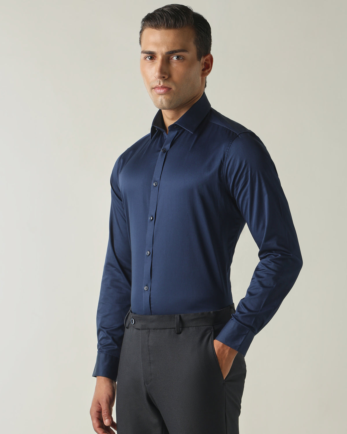 Men's Cotton Elastane Solid Slim Fit Full Sleeve Formal Shirt - Blue
