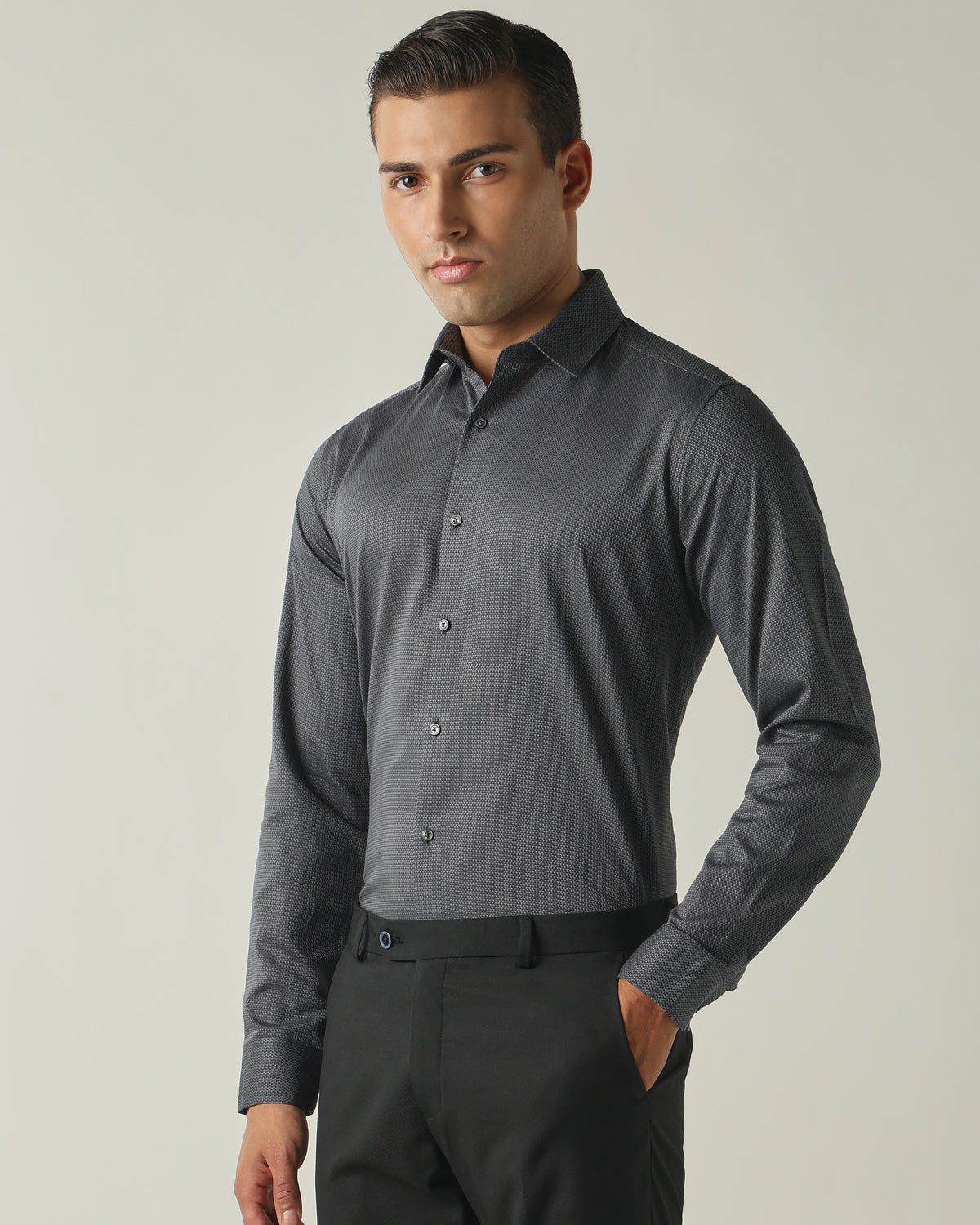 Men's Pure Cotton Dobby Solid Slim Fit Full Sleeve Formal Shirt - Grey