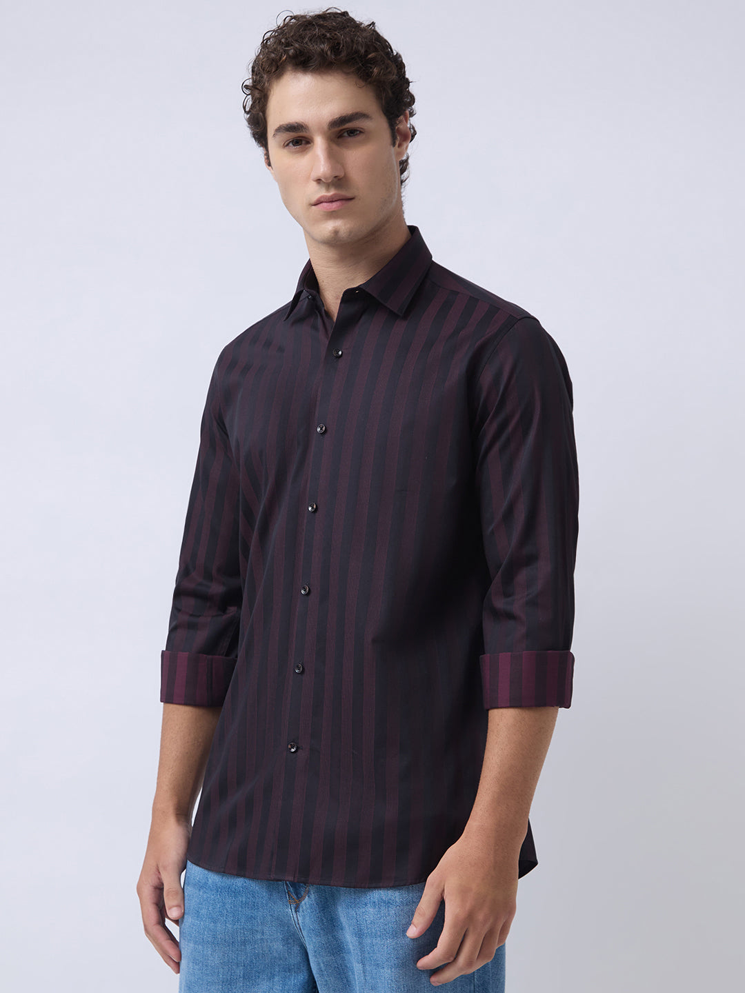 Men's Pure Cotton Stripes Slim Fit Full Sleeve Casual Shirt - Maroon