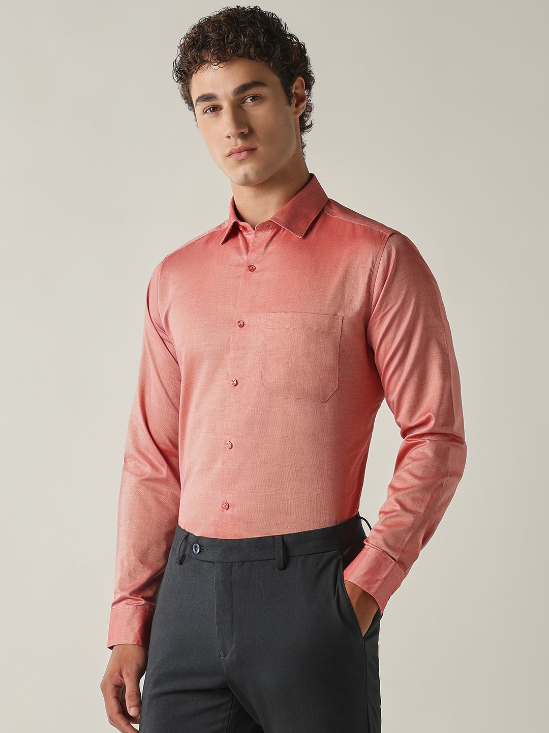Men's Pure Cotton Solid Slim Fit Full Sleeve Formal Shirt - Brick