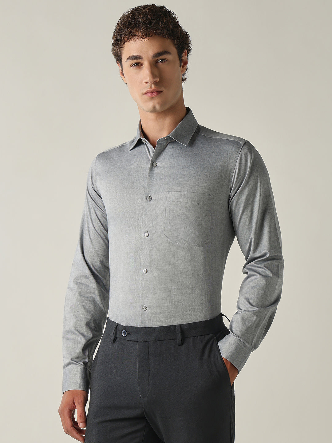 Men's Pure Cotton Solid Slim Fit Full Sleeve Formal Shirt - Grey