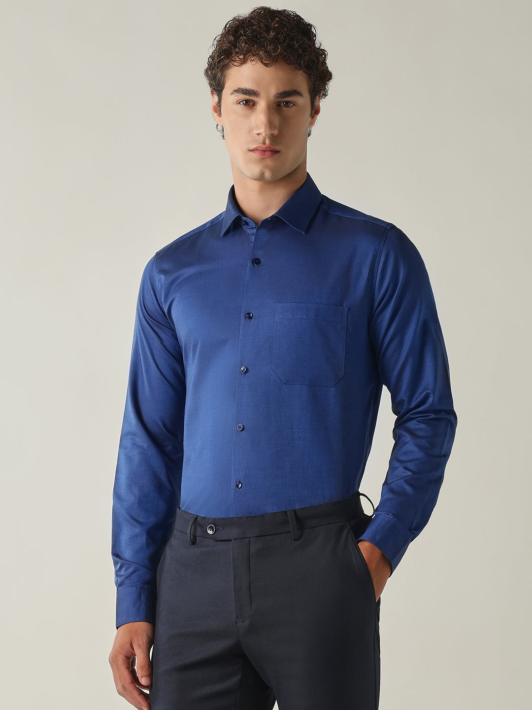 Men's Pure Cotton Solid Slim Fit Full Sleeve Formal Shirt - Royal Blue