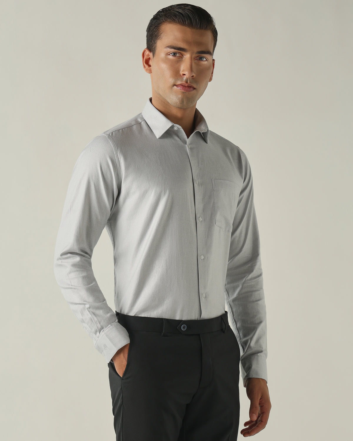 Men's Pure Cotton Dobby Solid Regular Fit Full Sleeve Formal Shirt - Grey