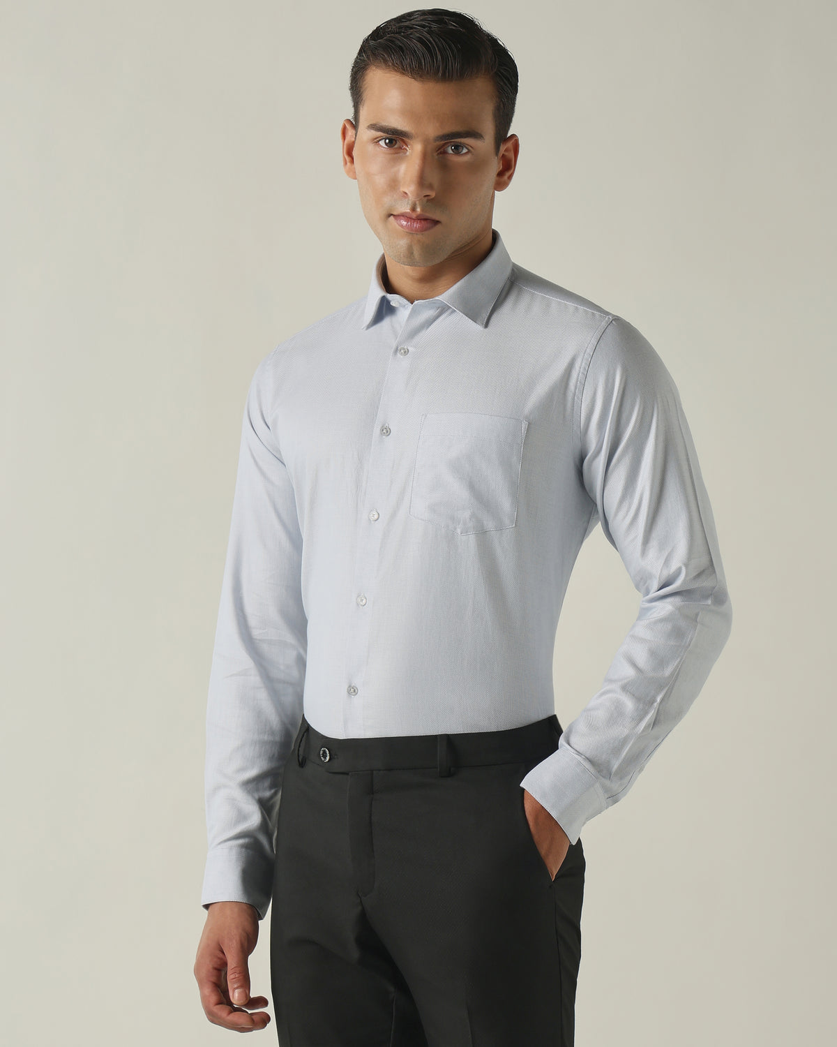 Men's Pure Cotton Dobby Solid Regular Fit Full Sleeve Formal Shirt - Light Blue