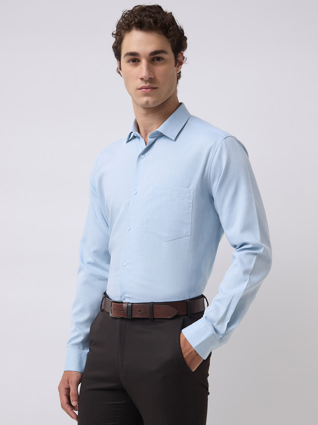 Men's Pure Cotton Dobby Solid Regular Fit Full Sleeve Formal Shirt - Aqua