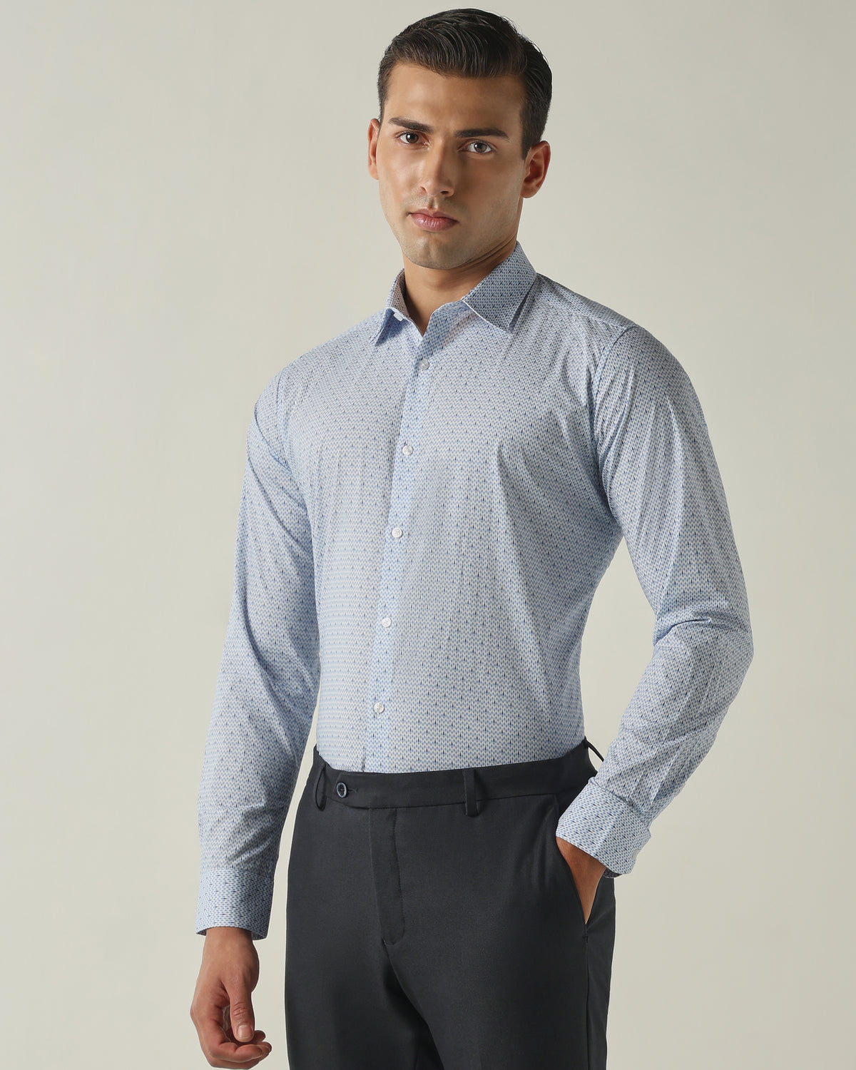 Men's Pure Cotton Print Slim Fit Full Sleeve Formal Shirt - Blue
