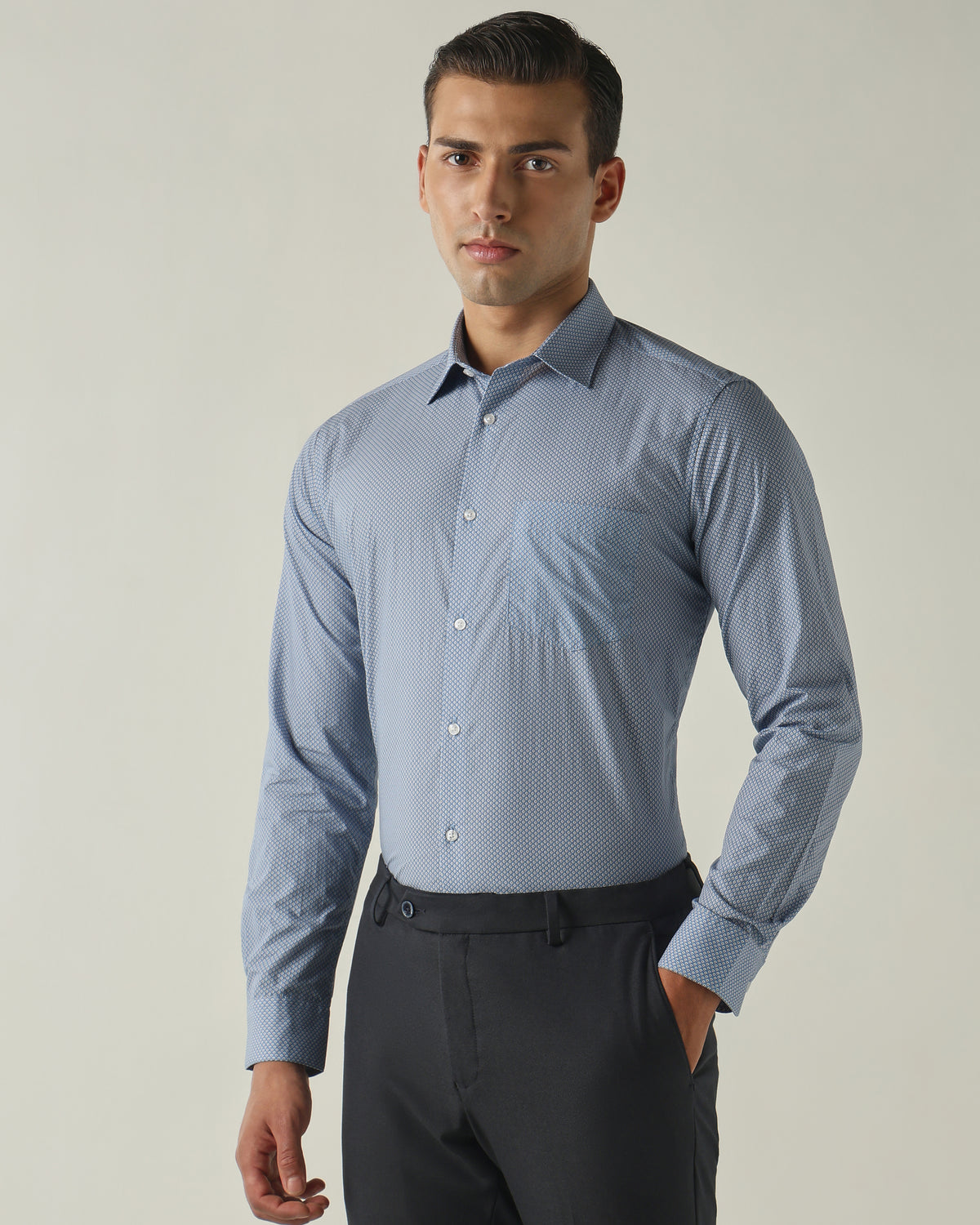 Men's Pure Cotton Print Slim Fit Full Sleeve Formal Shirt - Blue