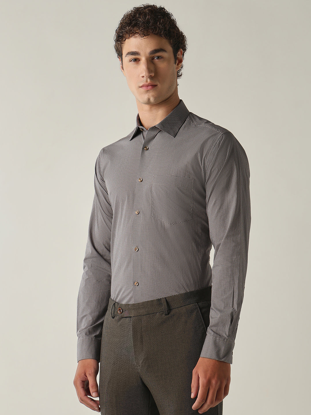 Men's Pure Cotton Printed Slim Fit Full Sleeve Formal Shirt - Brown