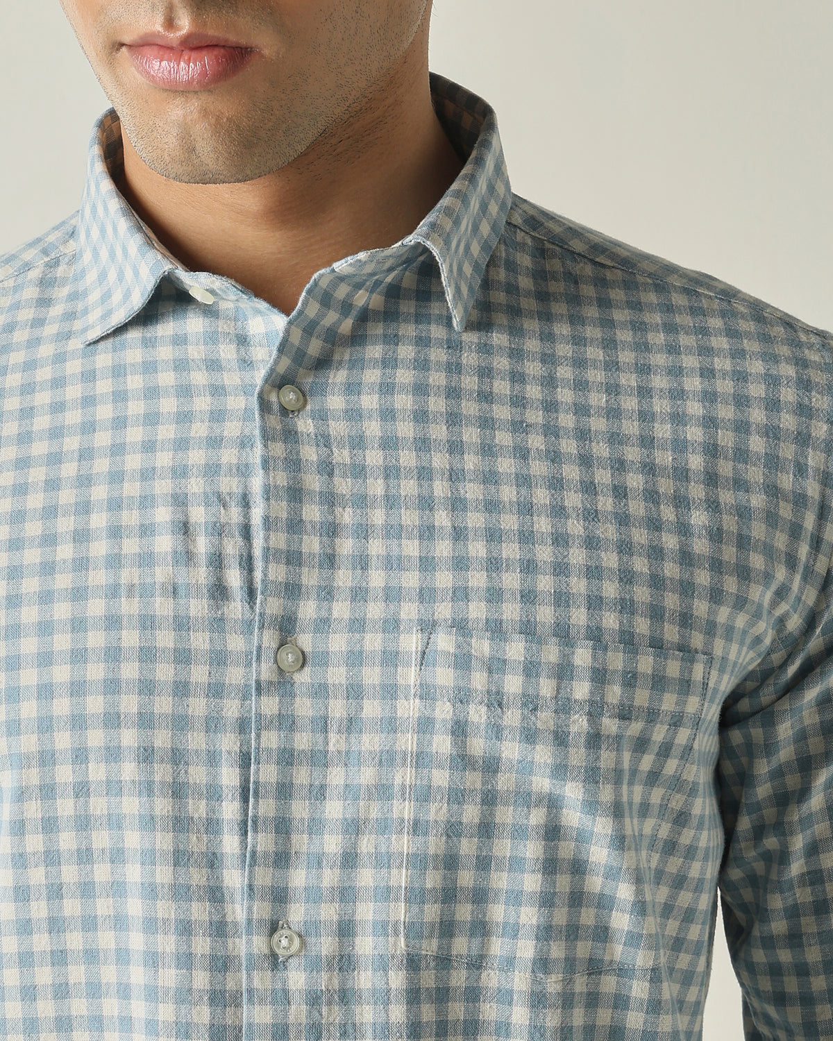 Men's Cotton Linen Checks Slim Fit Full Sleeve Casual Shirt - Blue