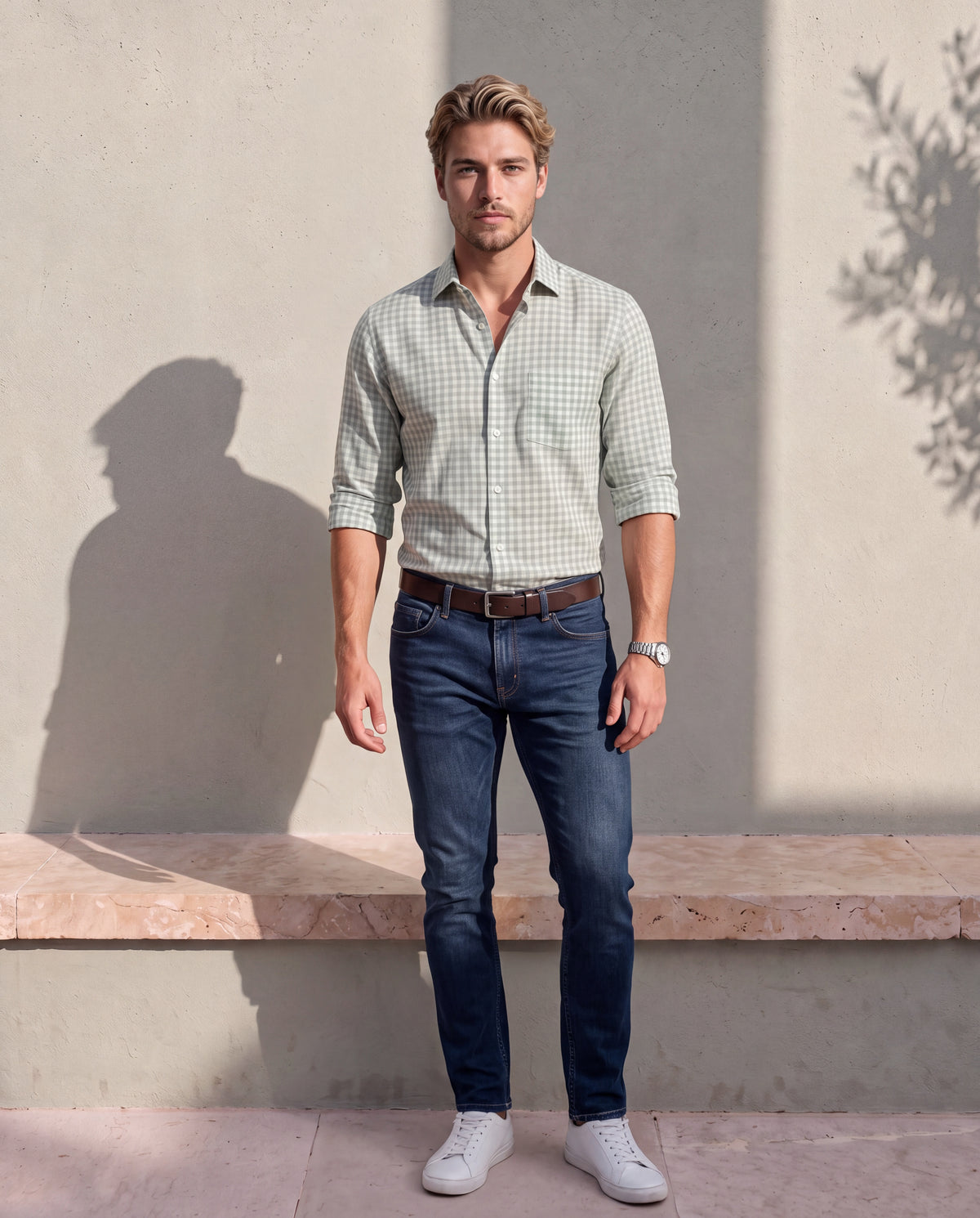 Men's Cotton Linen Checks Slim Fit Full Sleeve Casual Shirt - Green