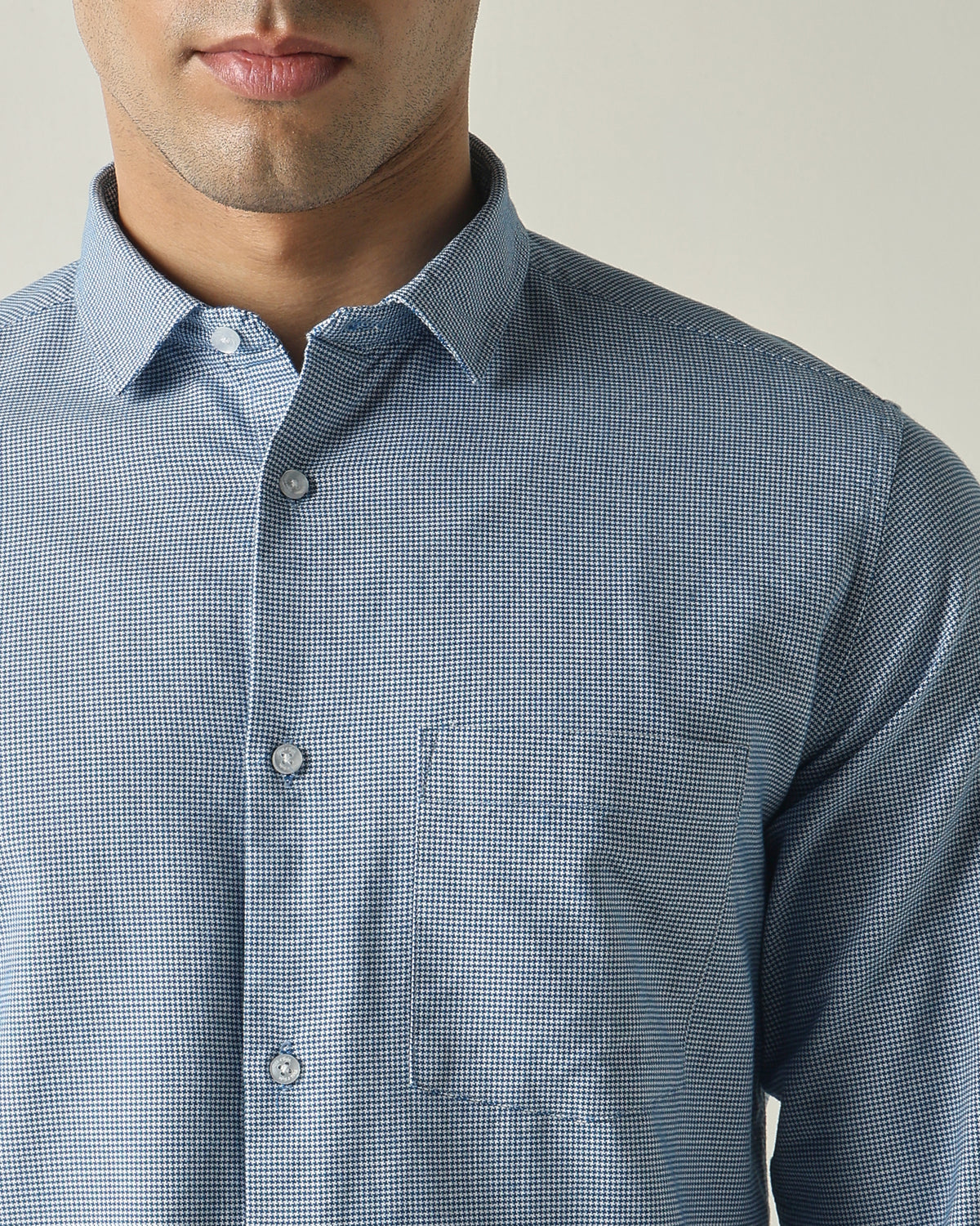 Men's Pure Cotton Houndstooth Checks Slim Fit Full Sleeve Casual Shirt - Blue