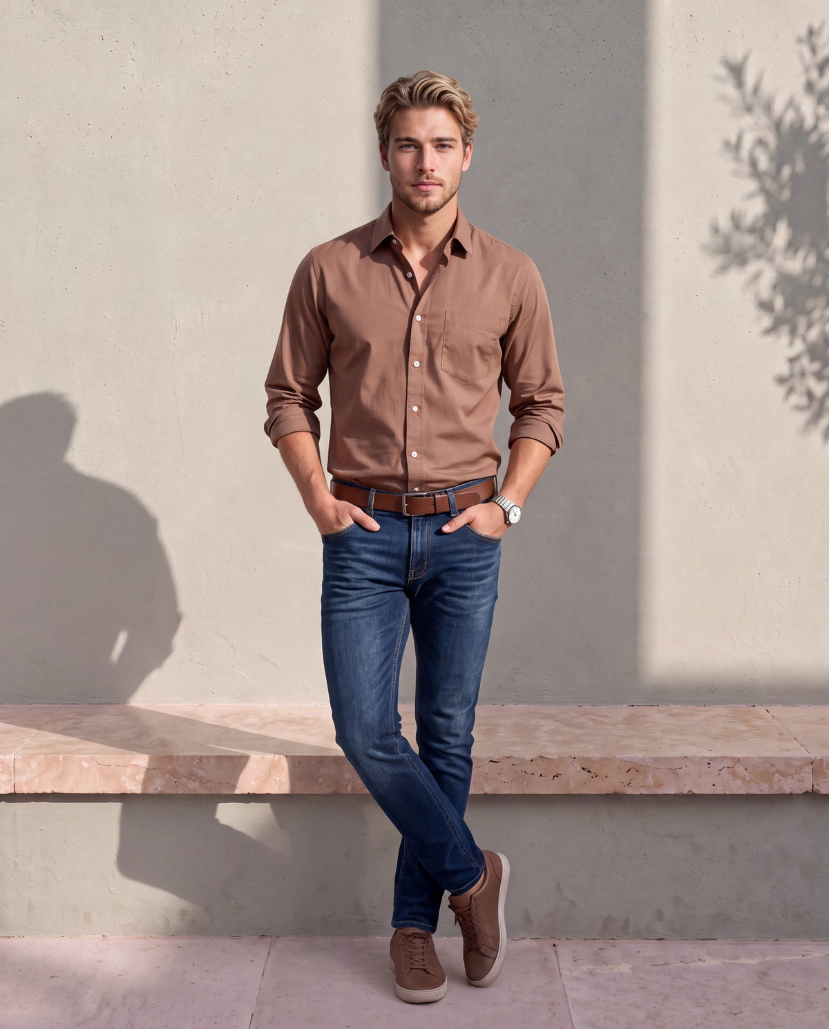 Men's Pure Cotton Solid Slim Fit Full Sleeve Casual Shirt - Brown