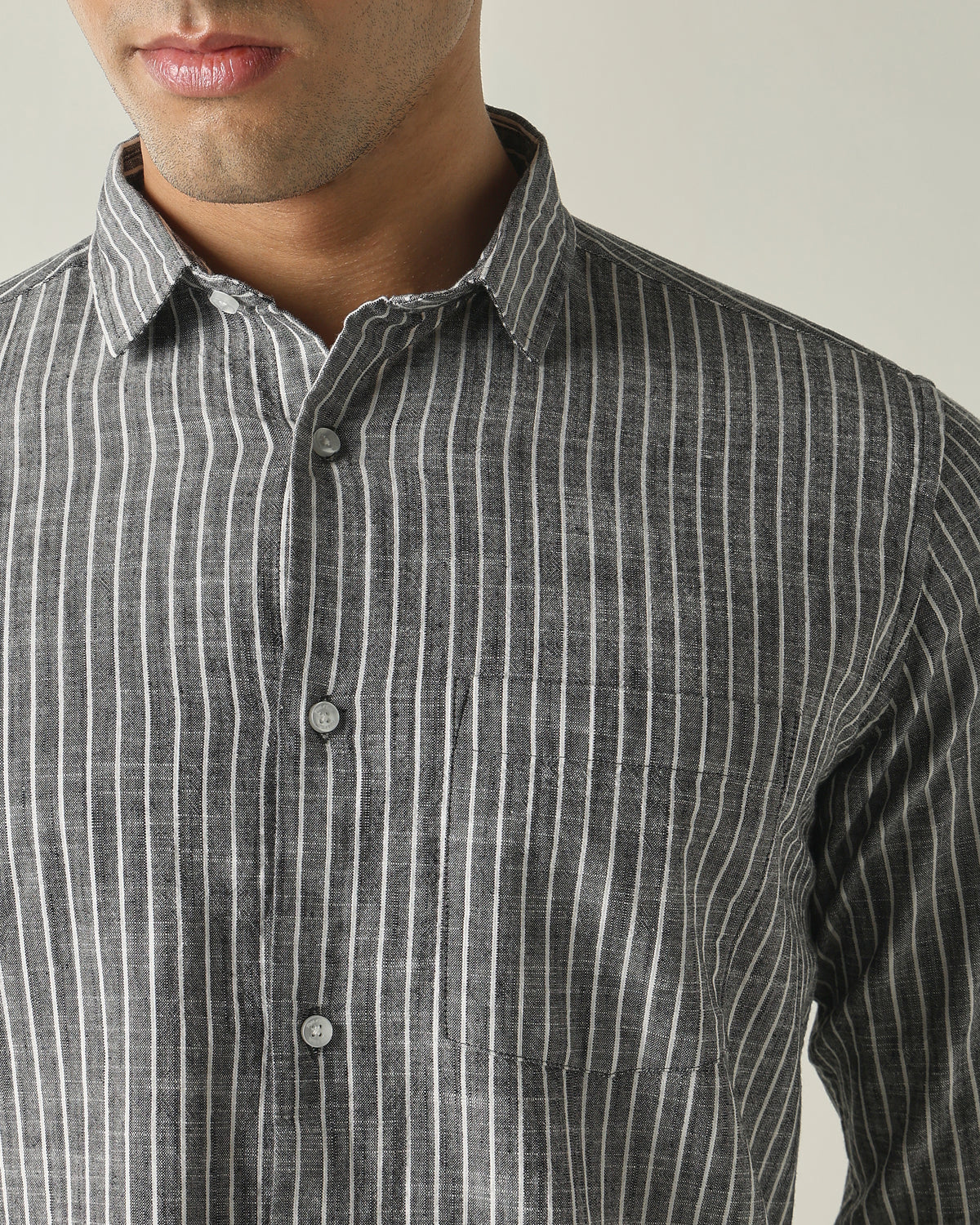 Men's Pure Cotton Stripes Slim Fit Full Sleeve Casual Shirt - Black