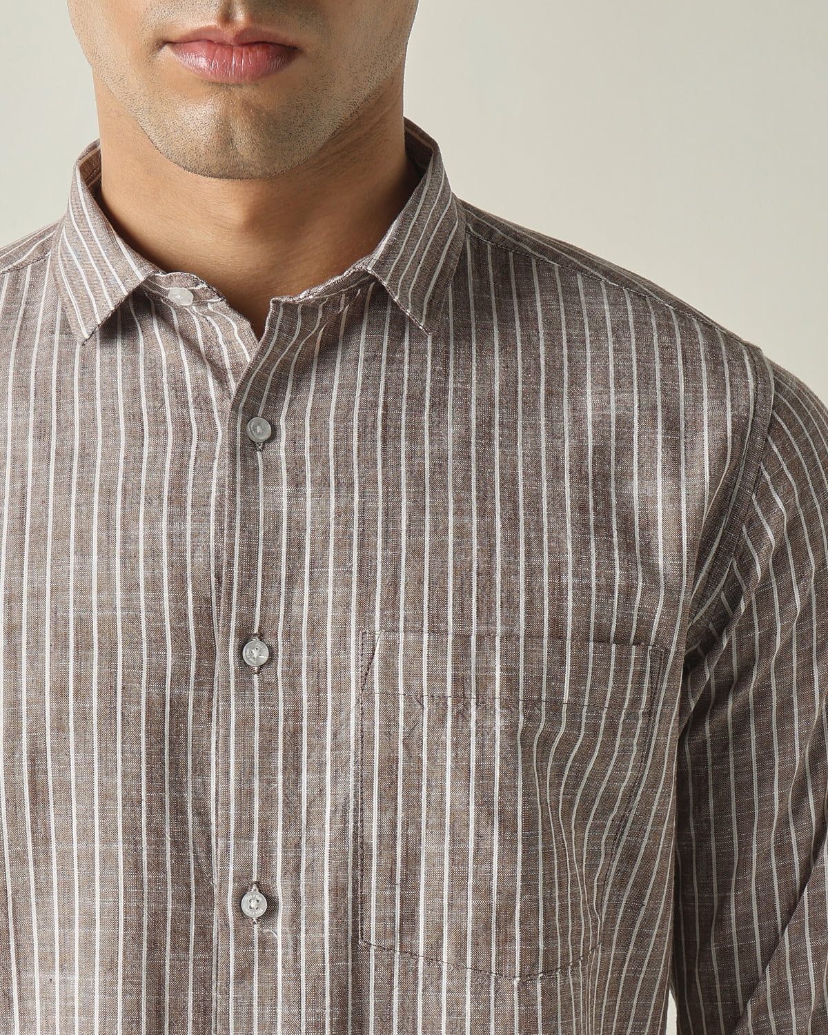 Men's Pure Cotton Stripes Slim Fit Full Sleeve Casual Shirt - Brown