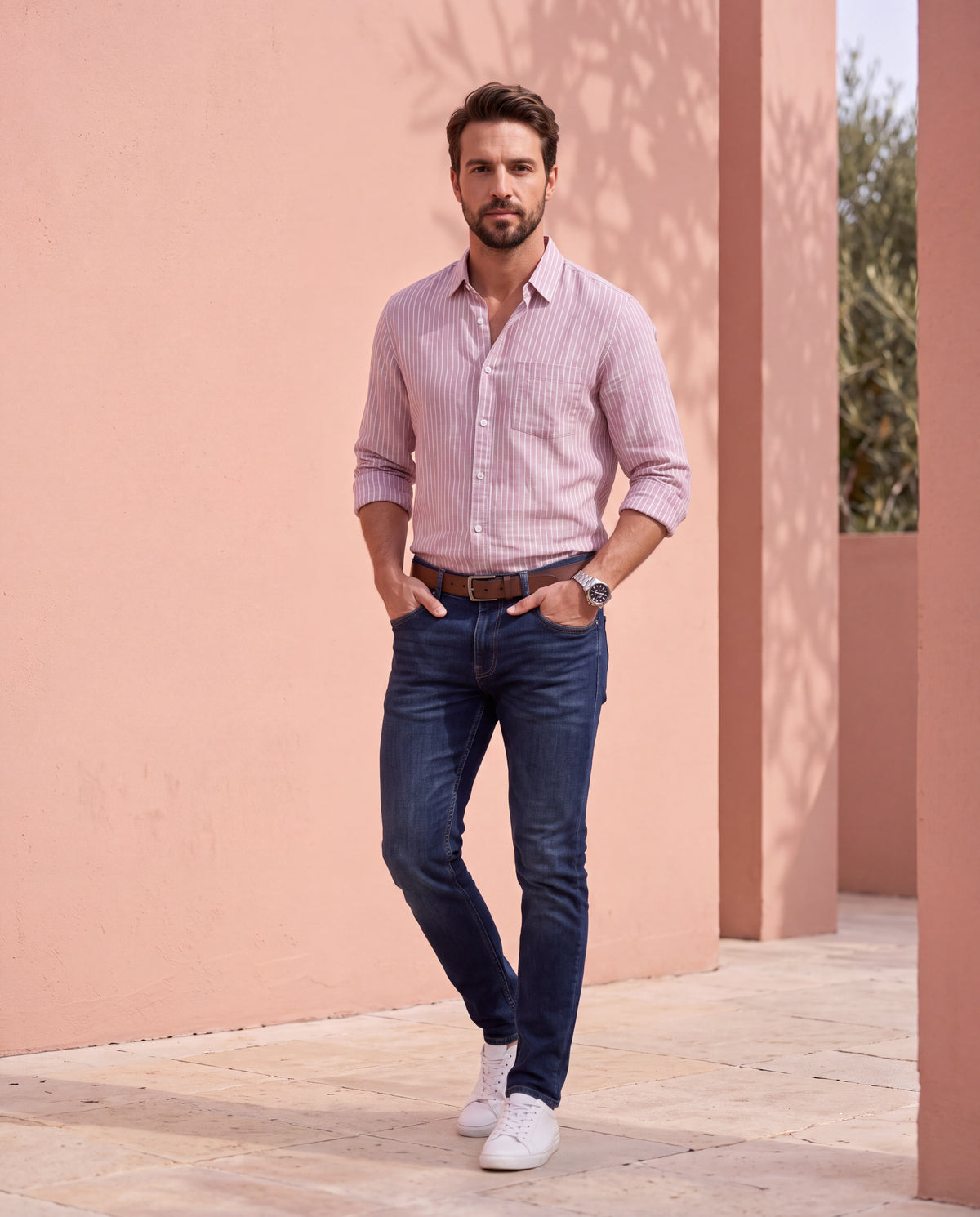 Men's Pure Cotton Stripes Slim Fit Full Sleeve Casual Shirt - Pink