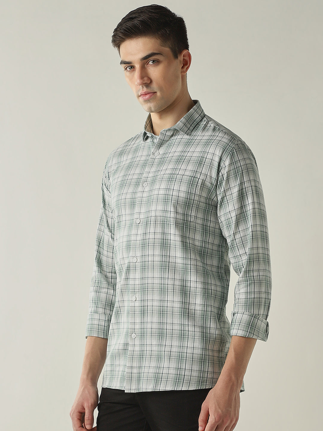 Men's Pure Cotton Checks Slim Fit Full Sleeve Casual Shirt - Green