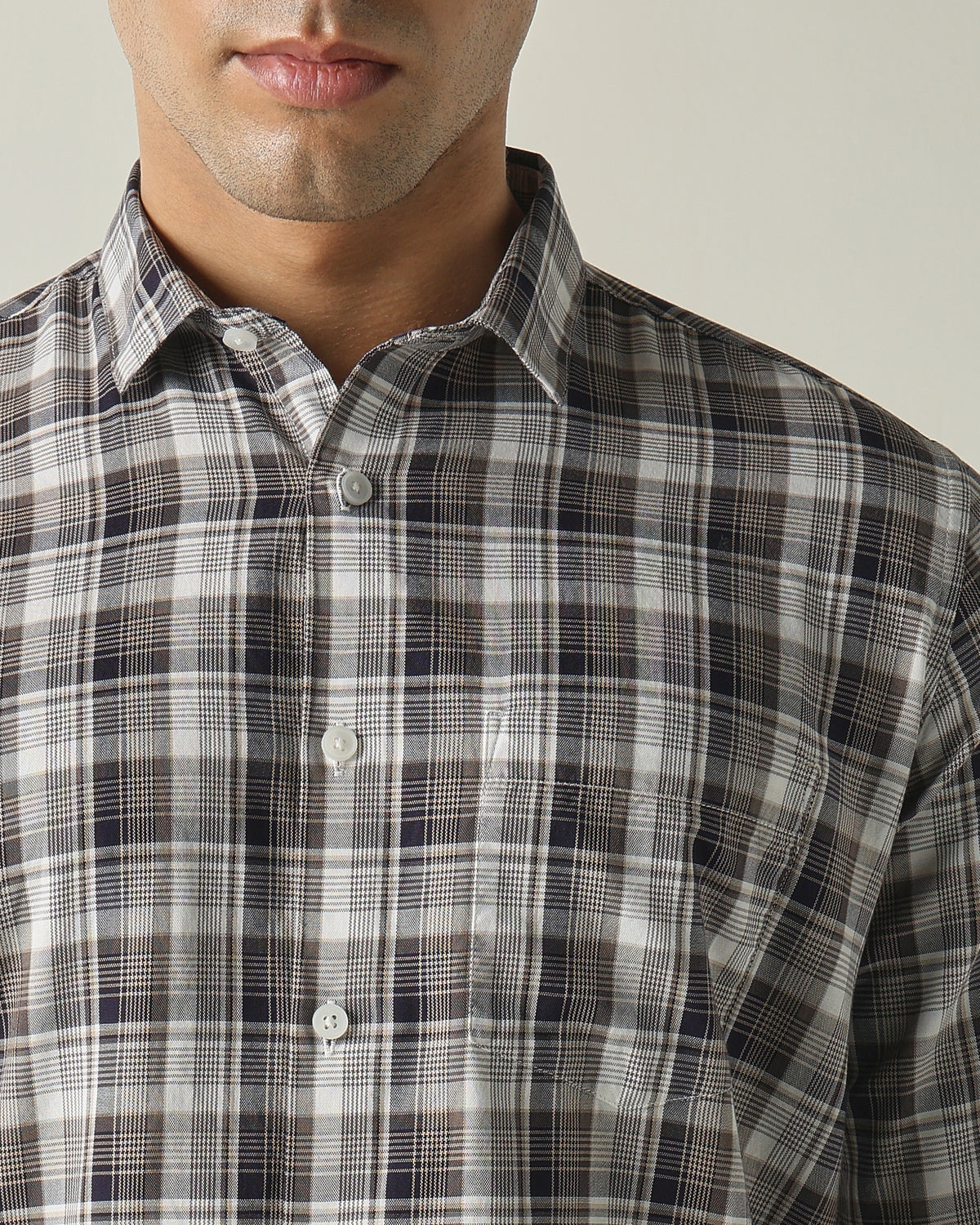 Men's Pure Cotton Checks Slim Fit Full Sleeve Casual Shirt - Beige