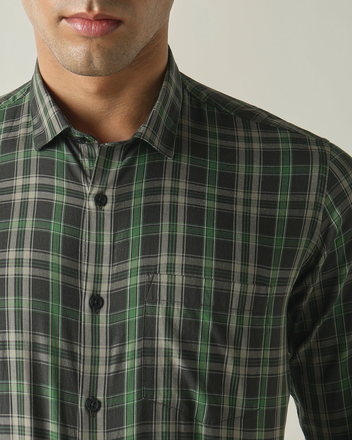 Men's Pure Cotton Checks Slim Fit Full Sleeve Casual Shirt - Green