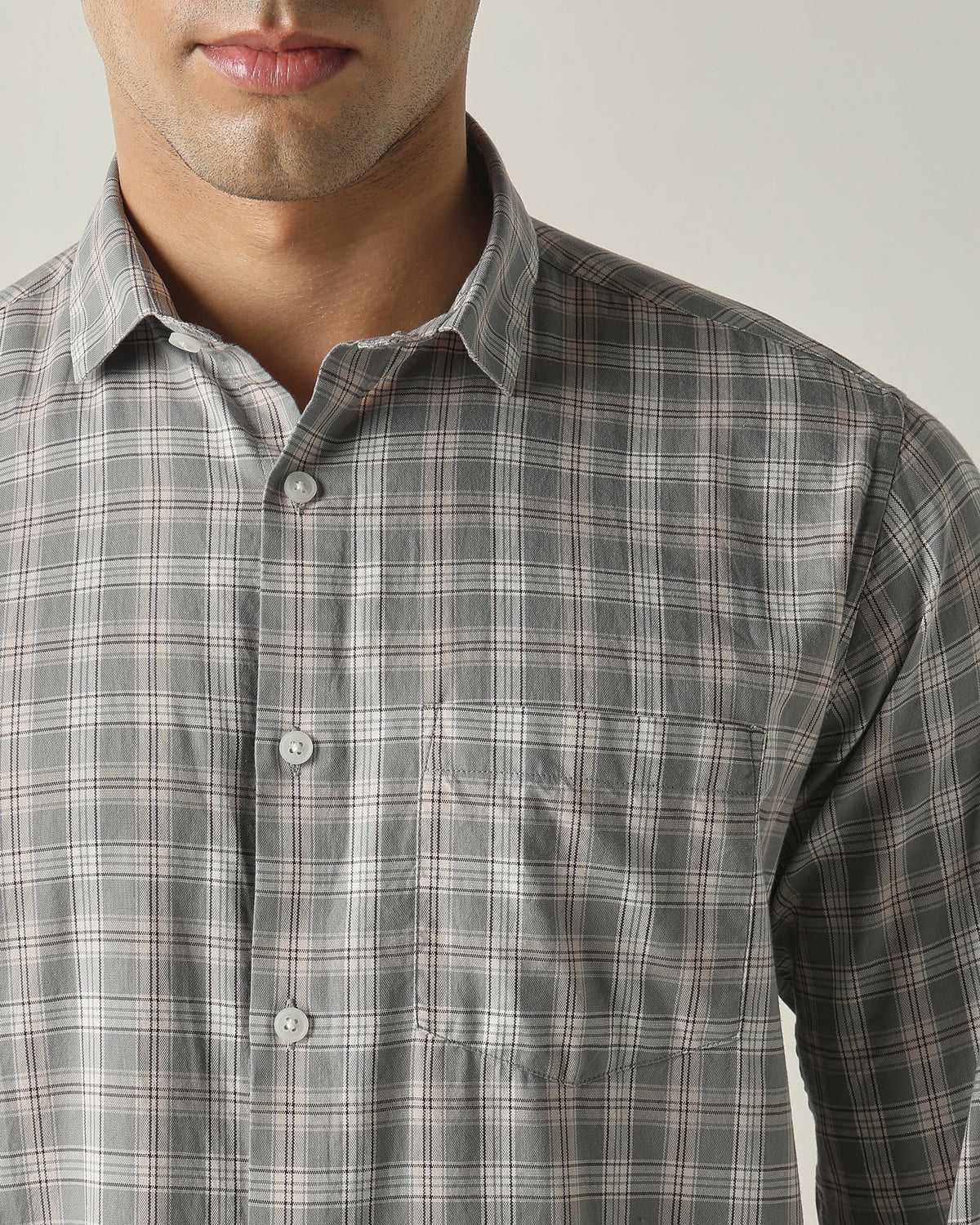 Men's Pure Cotton Checks Slim Fit Full Sleeve Casual Shirt - Grey