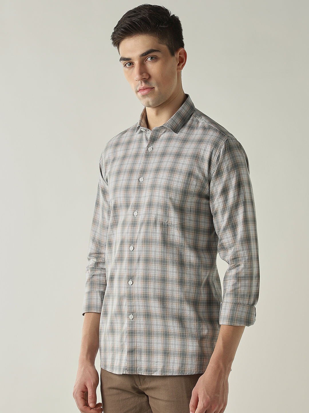 Men's Pure Cotton Checks Slim Fit Full Sleeve Casual Shirt - Beige