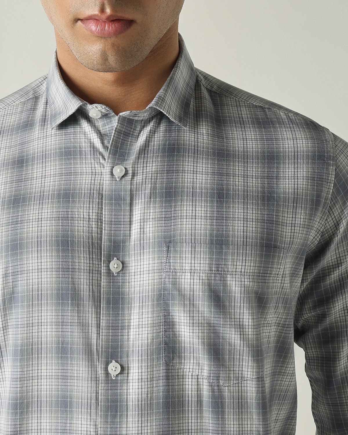 Men's Pure Cotton Checks Slim Fit Full Sleeve Casual Shirt - Grey