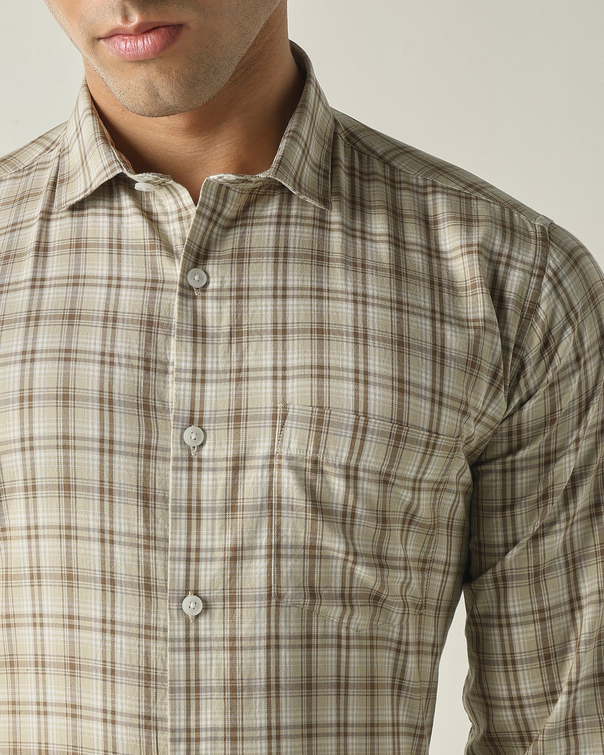 Men's Pure Cotton Checks Slim Fit Full Sleeve Casual Shirt - Beige