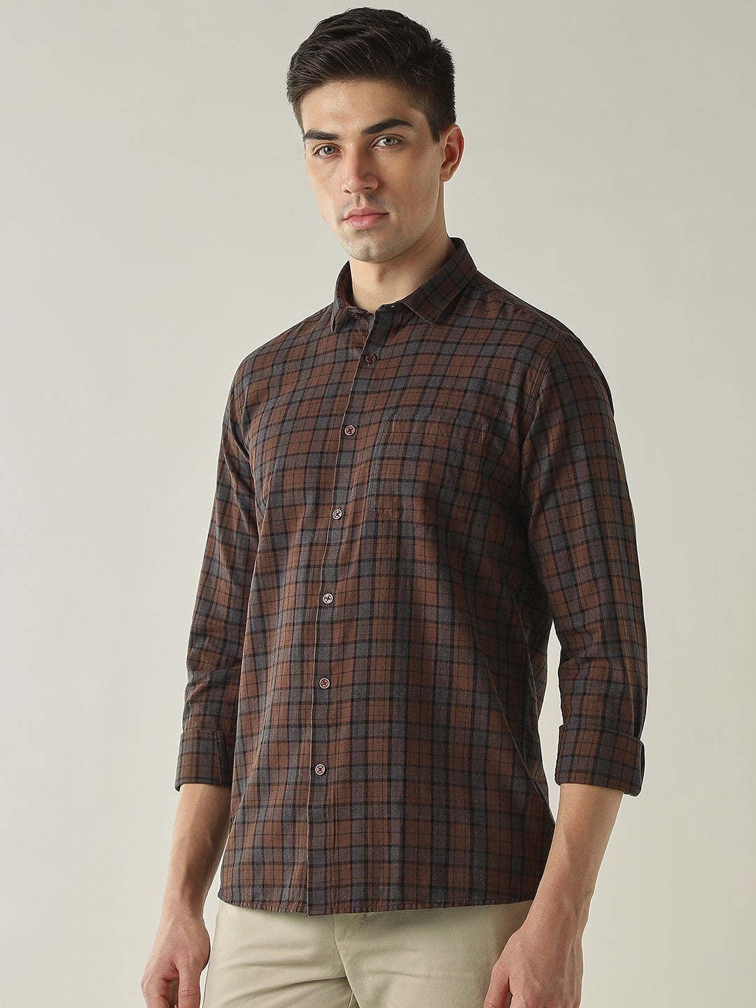 Men's Pure Cotton Checks Slim Fit Full Sleeve Casual Shirt - Brown