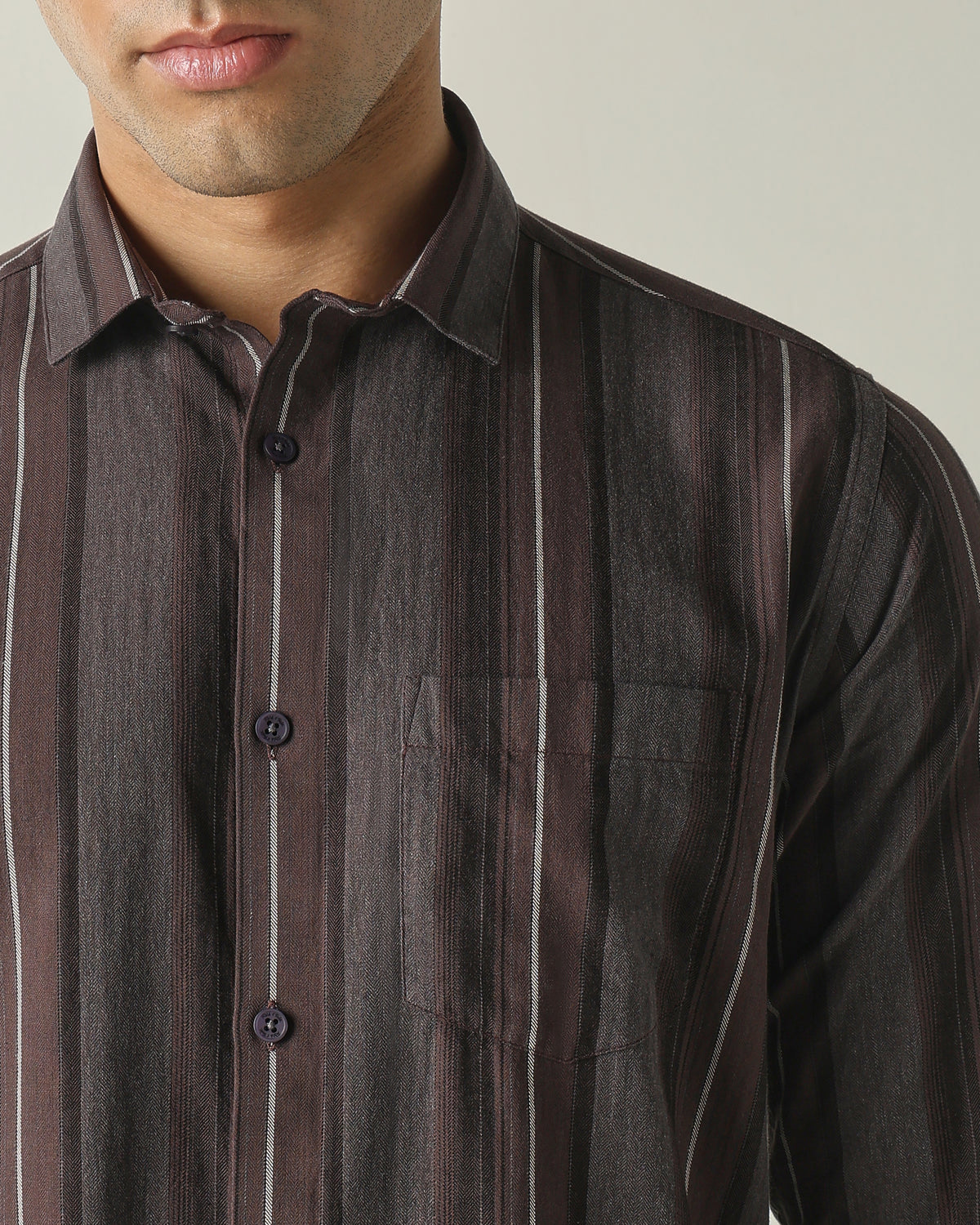 Men's Pure Cotton Stripes Slim Fit Full Sleeve Casual Shirt - Brown