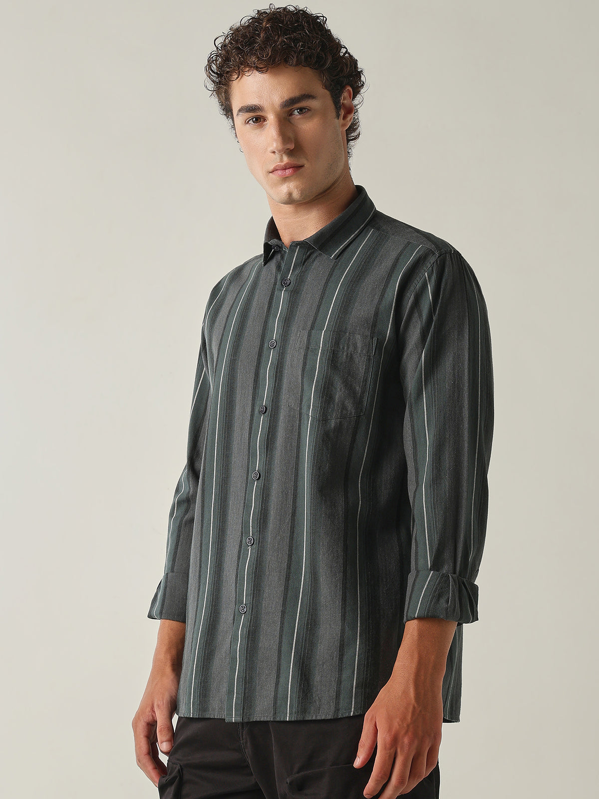 Men's Pure Cotton Stripes Slim Fit Full Sleeve Casual Shirt - Green