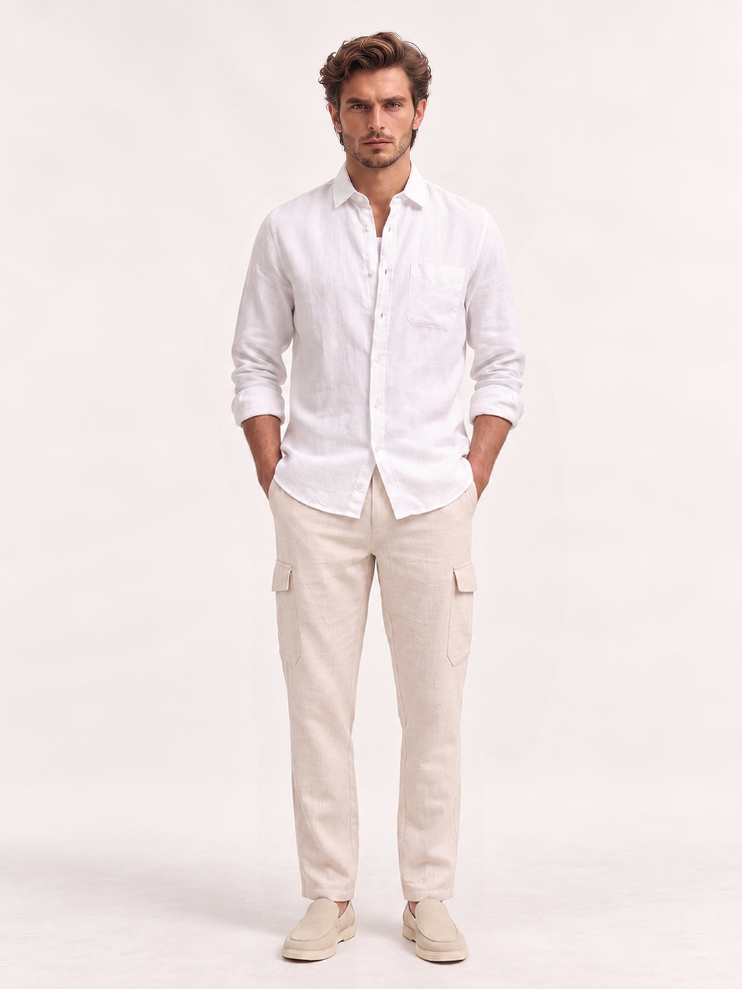 Men's Solid Pure Cotton Regular Fit Casual Trousers - Fawn