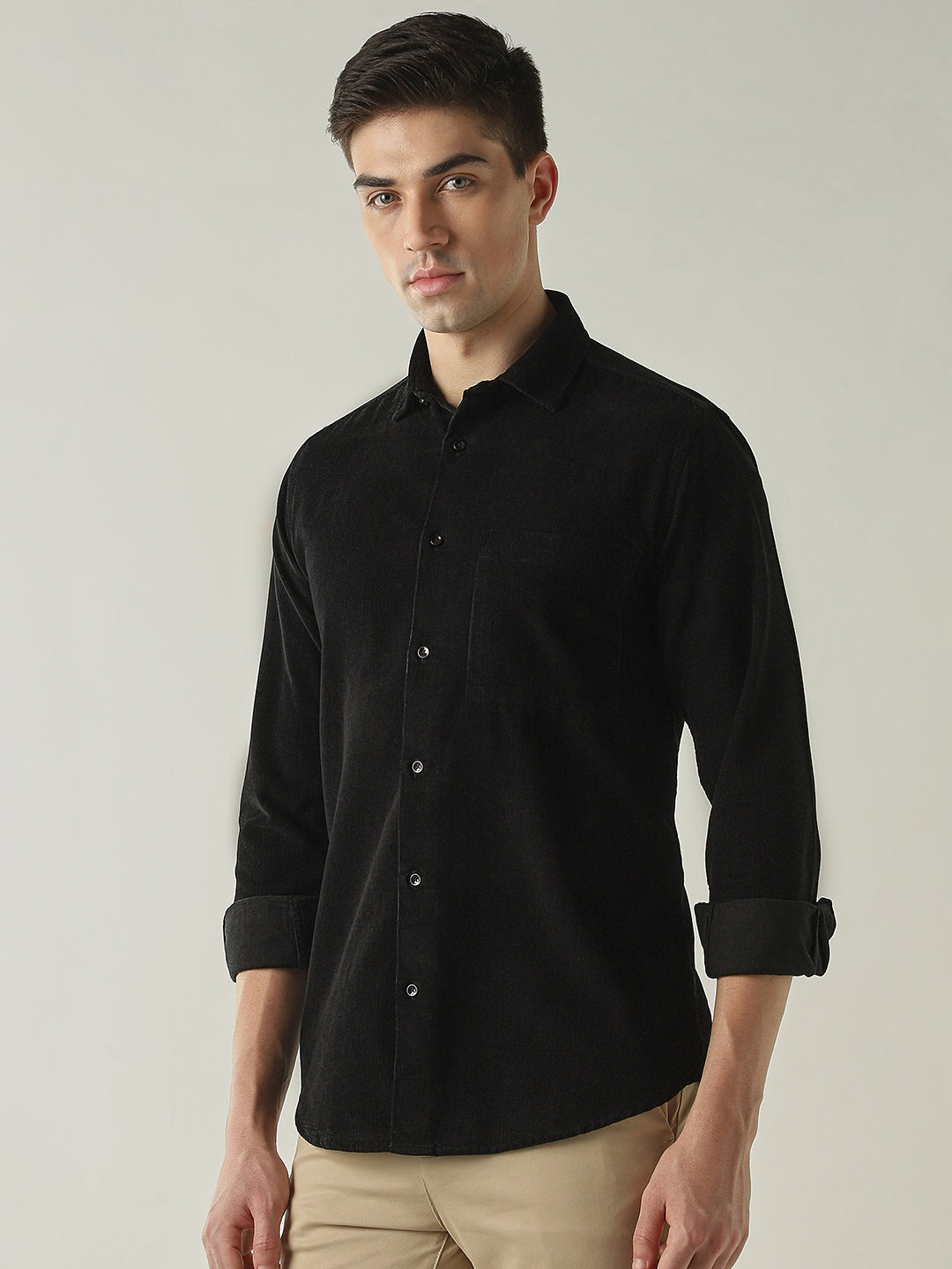 Men's Pure Cotton Corduroy Solid Slim Fit Full Sleeve Formal Shirt - Black