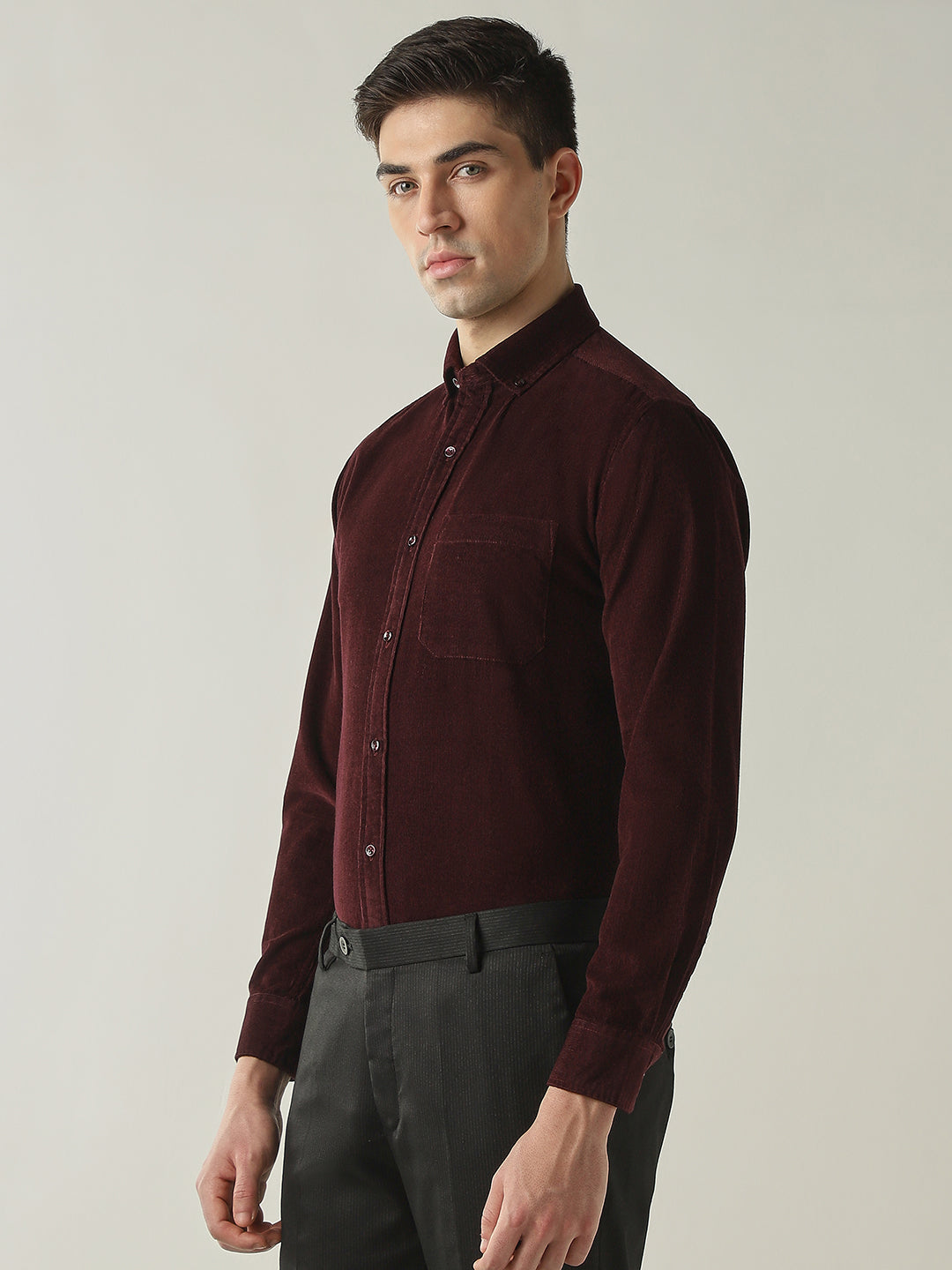 Men's Pure Cotton Corduroy Solid Slim Fit Full Sleeve Formal Shirt - Maroon