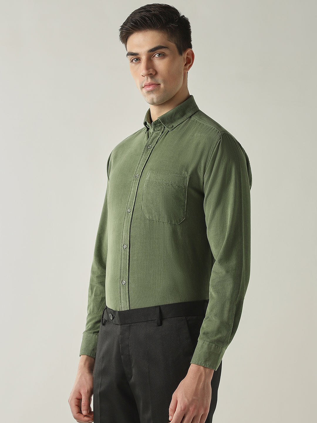 Men's Pure Cotton Corduroy Solid Slim Fit Full Sleeve Formal Shirt - Sage Green