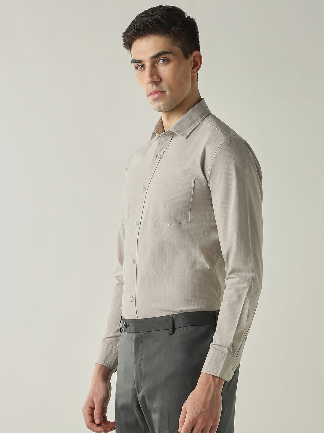 Men's Cotton Lycra Dobby Solid Slim Fit Full Sleeve Formal Shirt - Grey