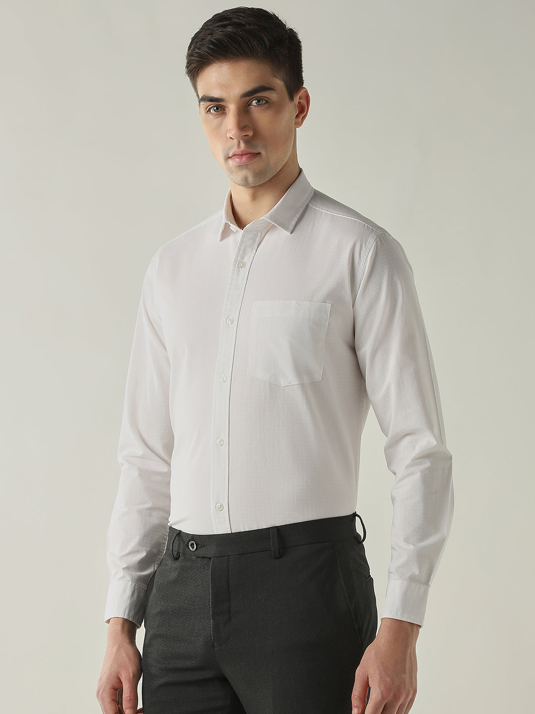 Men's Cotton Lycra Dobby Solid Slim Fit Full Sleeve Formal Shirt - White