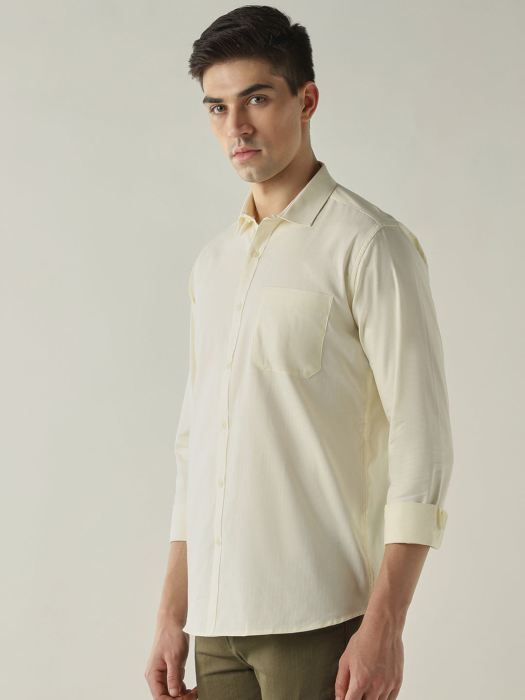 Men's Pure Cotton Herringbone Solid Slim Fit Full Sleeve Casual Shirt - Yellow