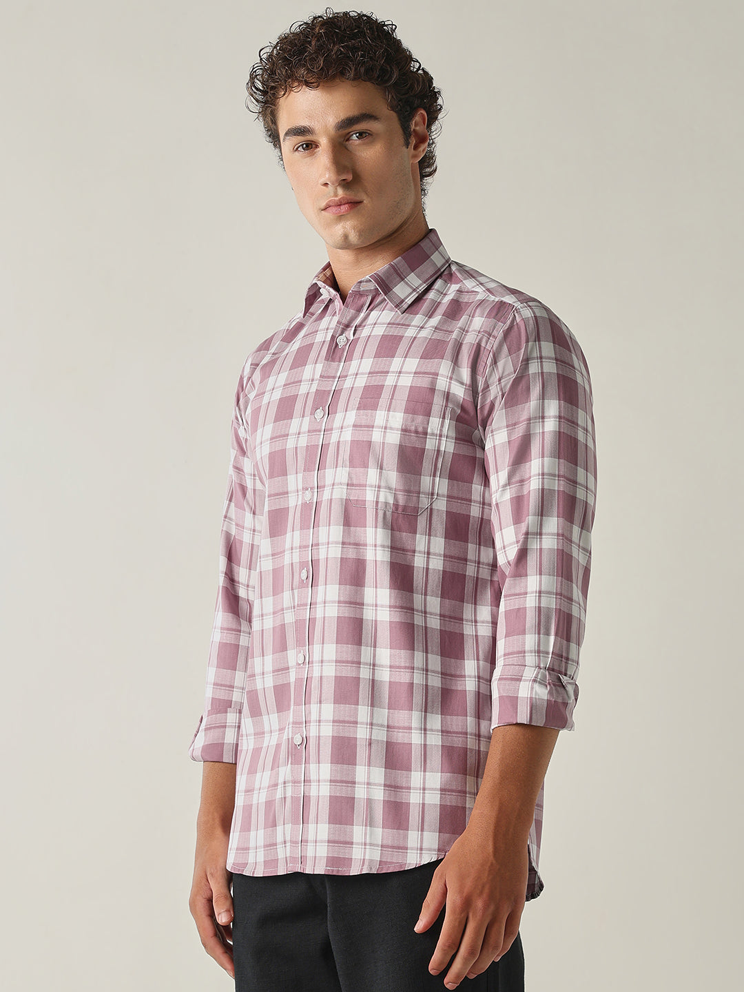Men's Pure Cotton Checks Slim Fit Full Sleeve Casual Shirt - Pink
