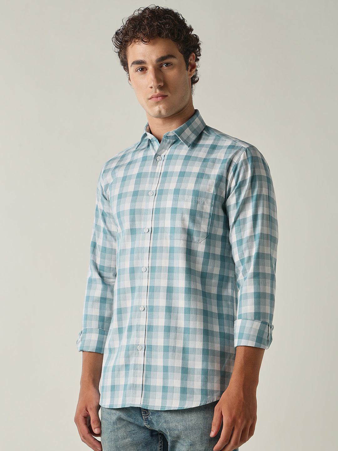 Men's Pure Cotton Checks Slim Fit Full Sleeve Casual Shirt - Green