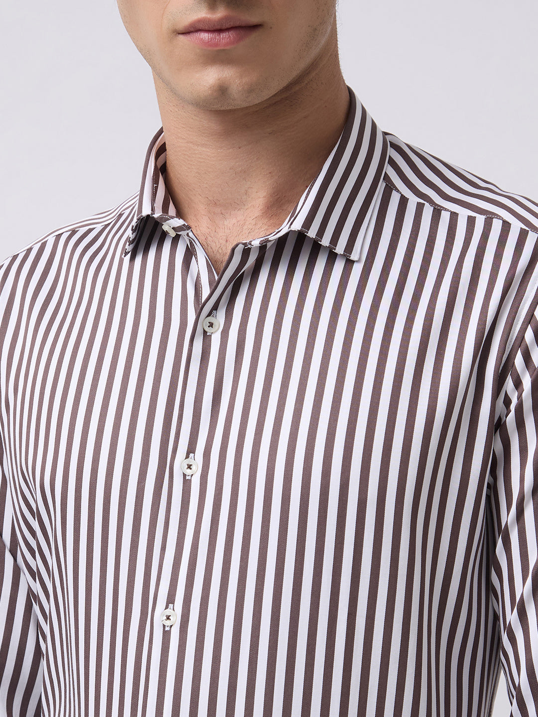 Men's Pure Cotton Satin Stripes Slim Fit Full Sleeve Formal Shirt - Brown