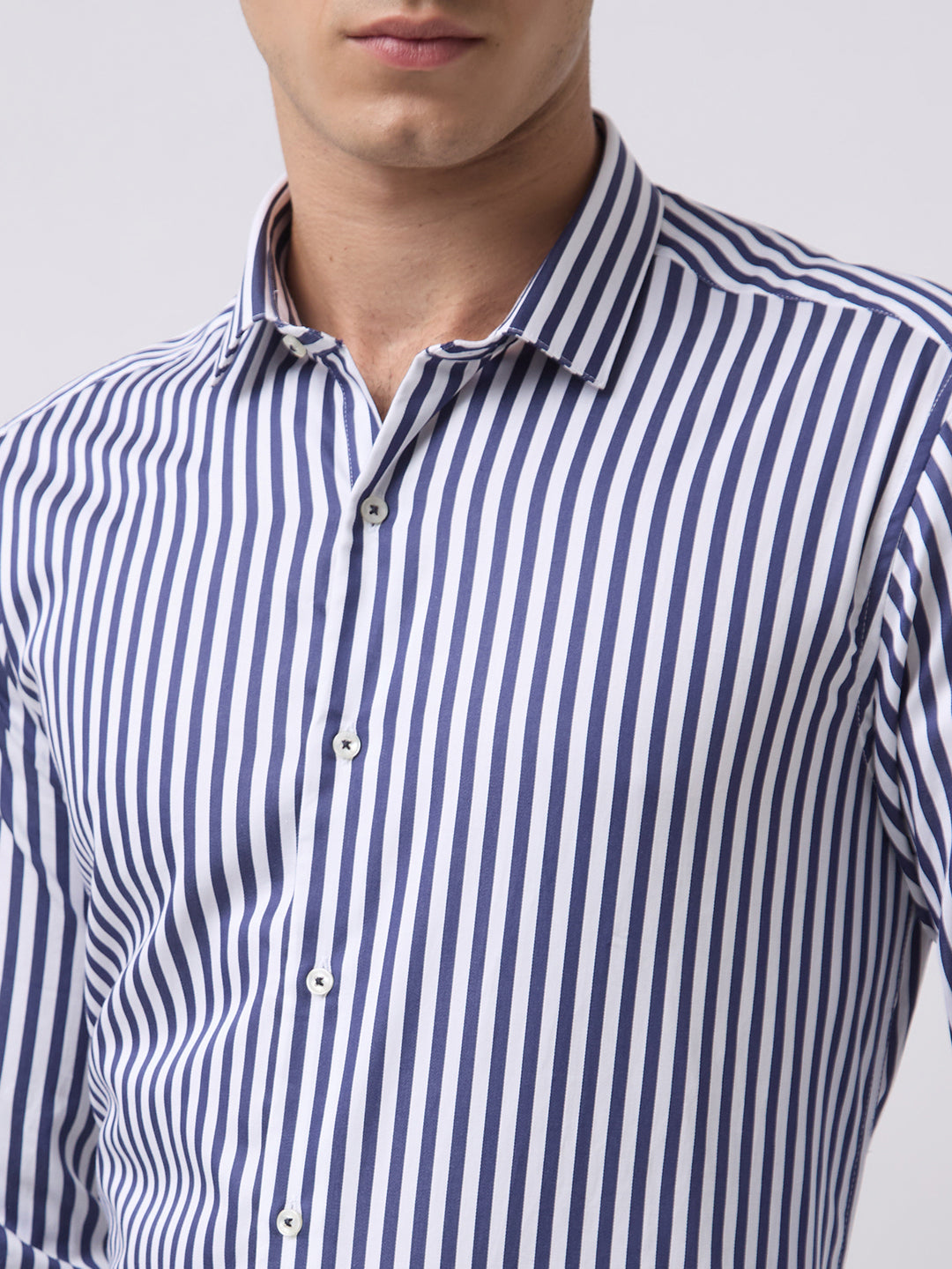 Men's Pure Cotton Stripes Slim Fit Full Sleeve Formal Shirt - Navy