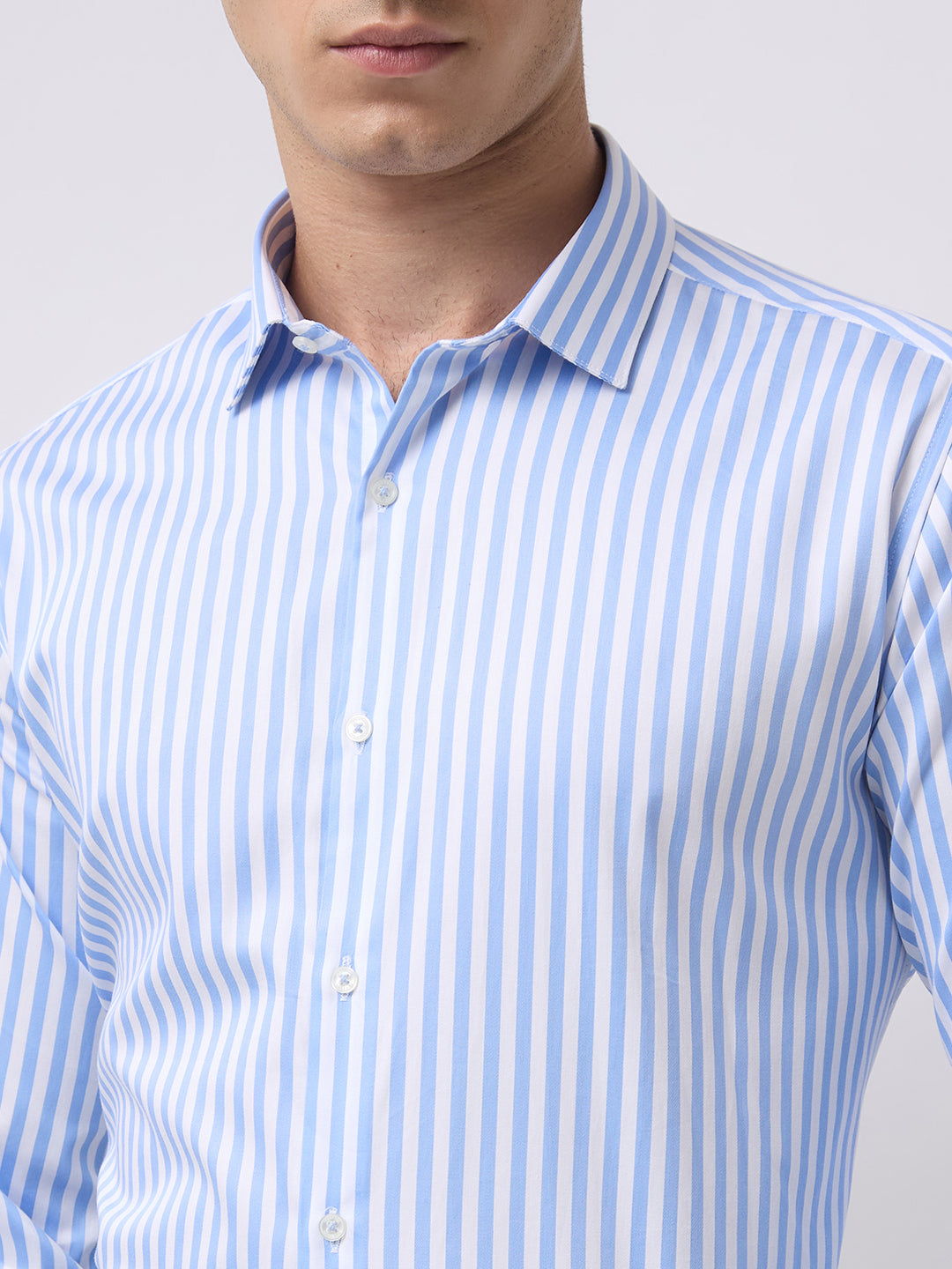 Men's Pure Cotton Stripes Slim Fit Full Sleeve Formal Shirt - Sky Blue