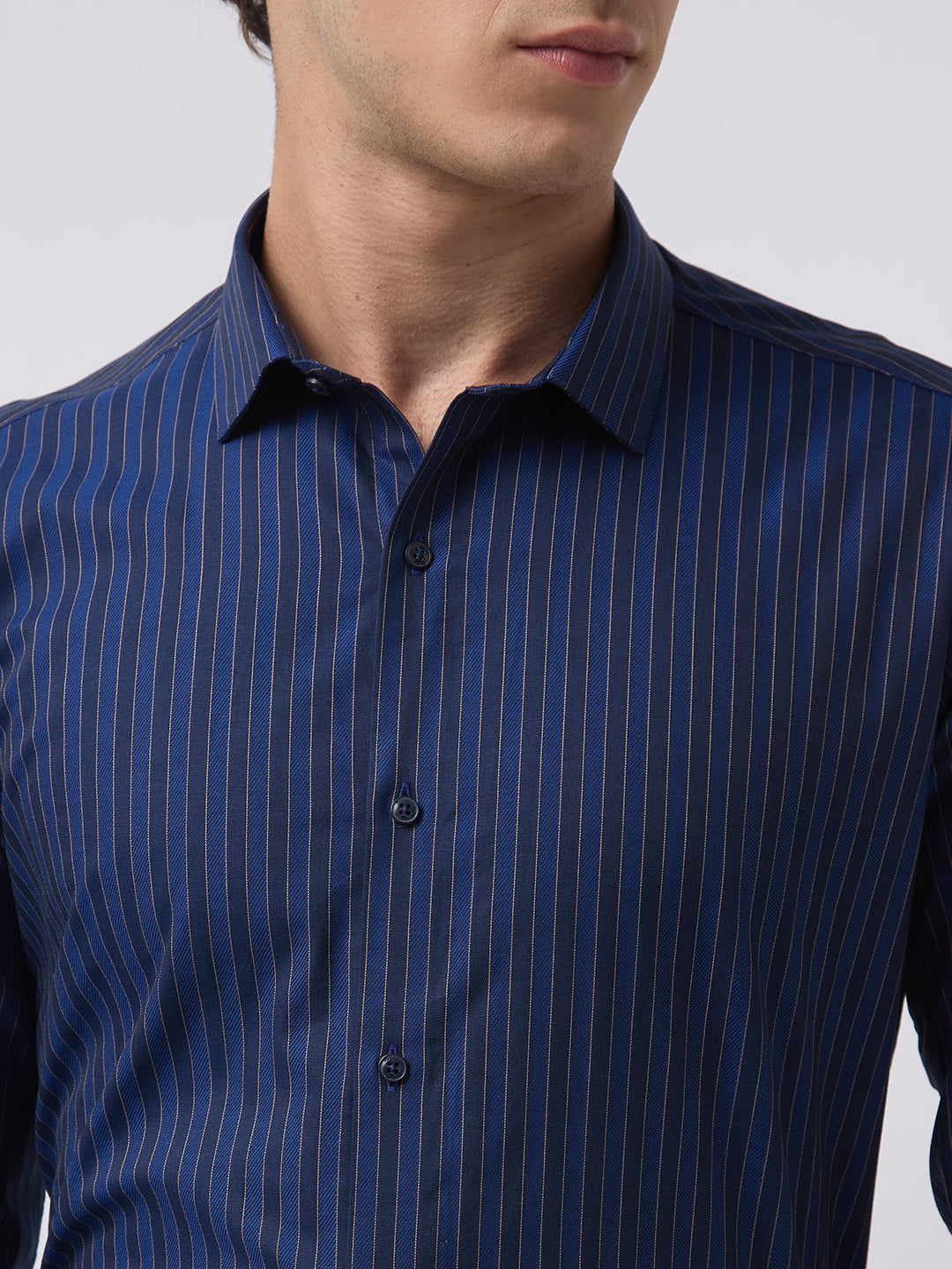 Men's Pure Cotton Stripes Slim Fit Full Sleeve Formal Shirt - Navy