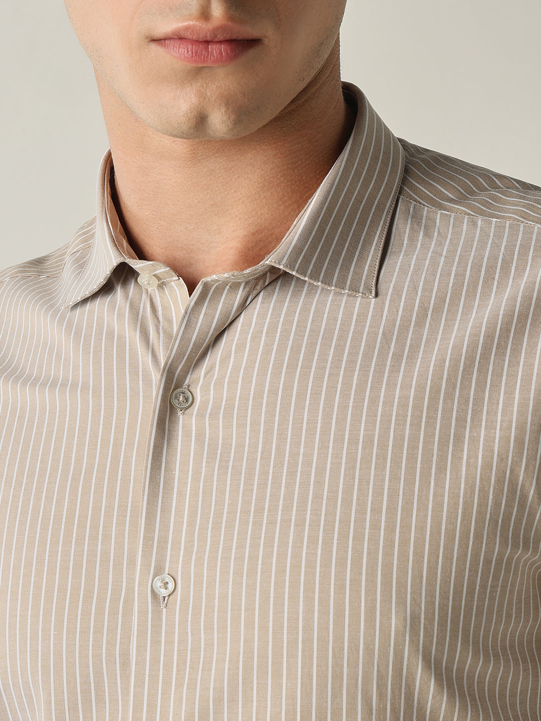 Men's Pure Cotton Stripes Slim Fit Full Sleeve Formal Shirt - Beige