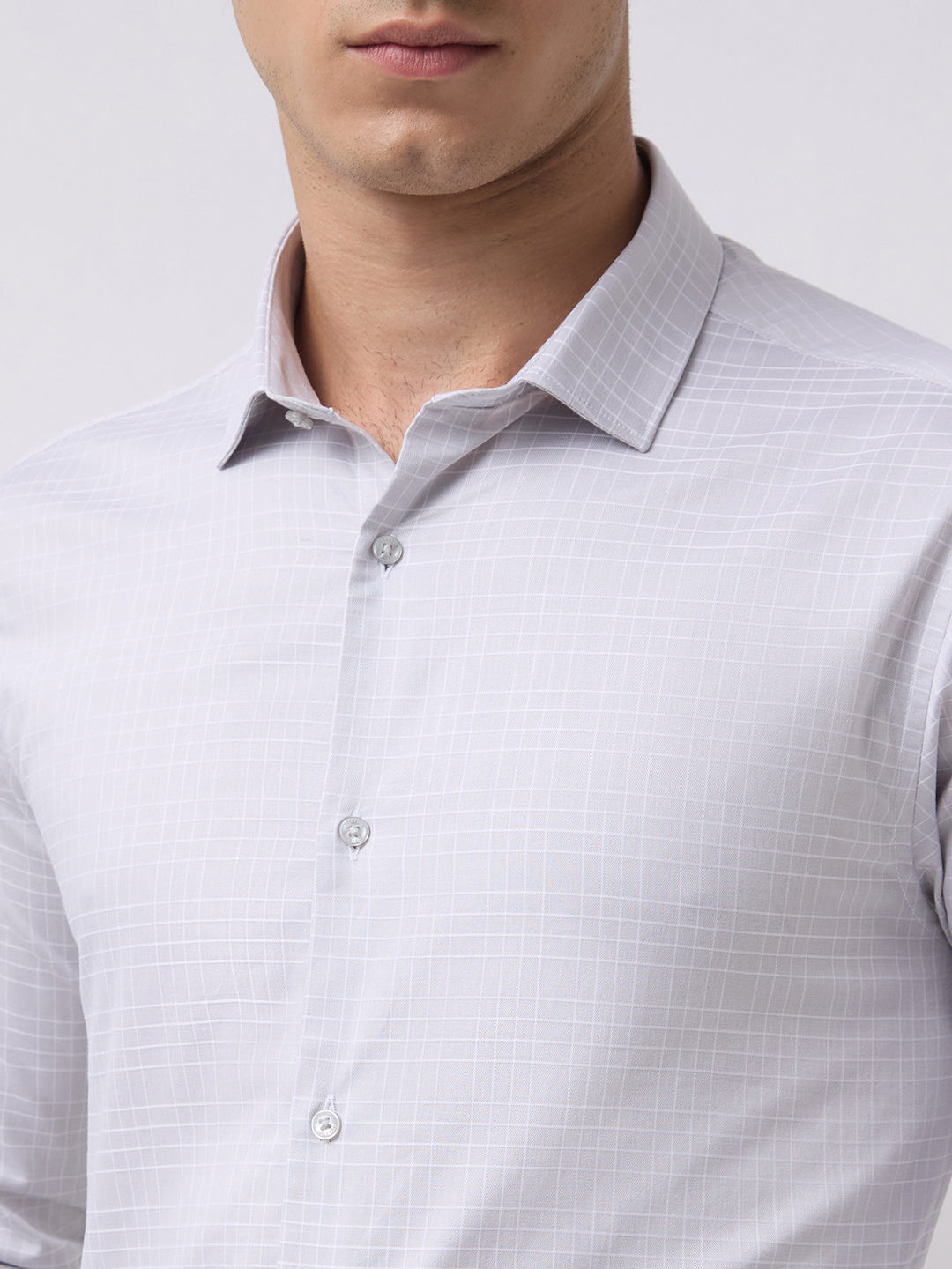 Men's Pure Cotton Checks Slim Fit Full Sleeve Formal Shirt - Light Grey