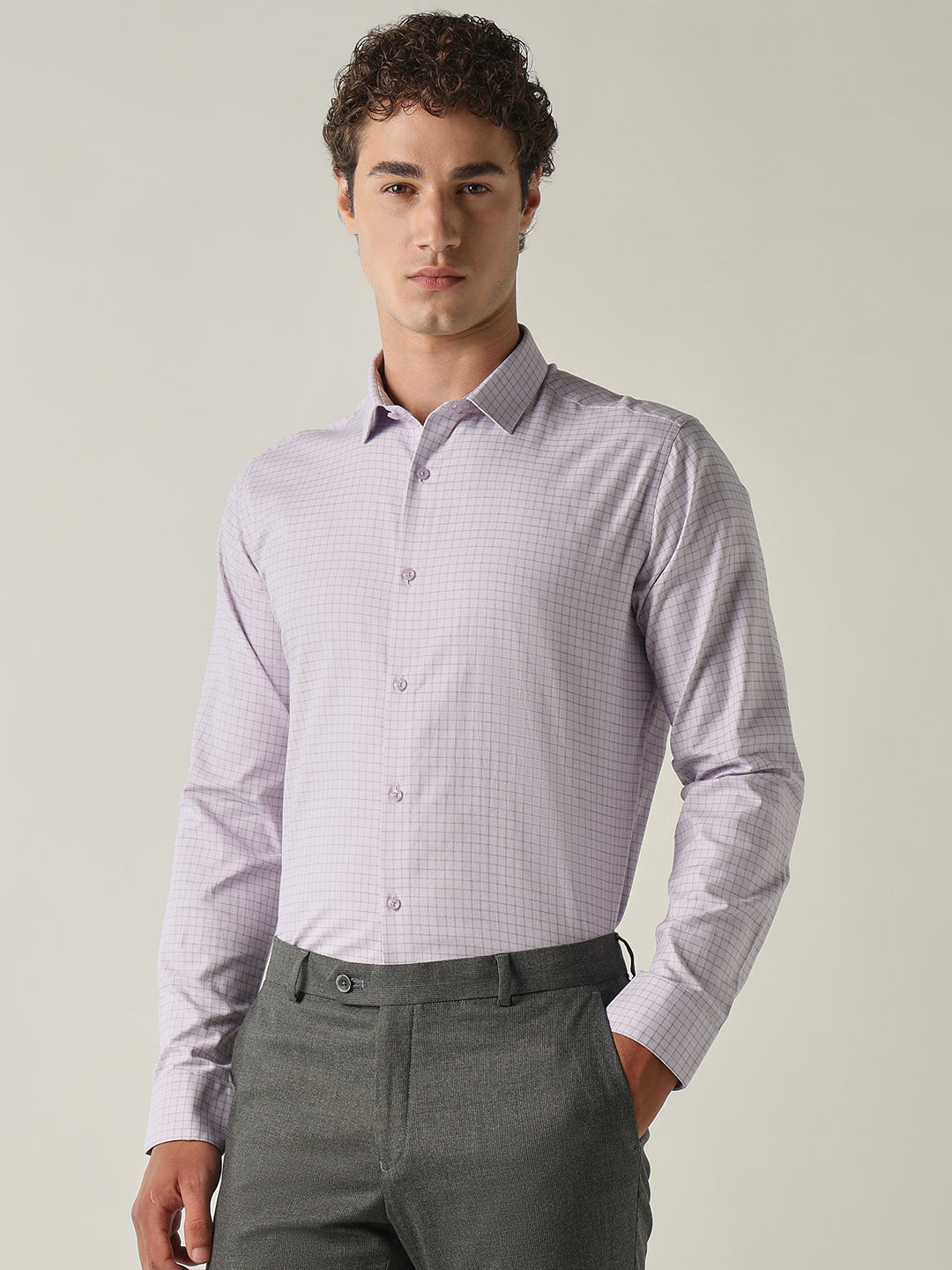 Men's Pure Cotton Checks Slim Fit Full Sleeve Formal Shirt - Purple