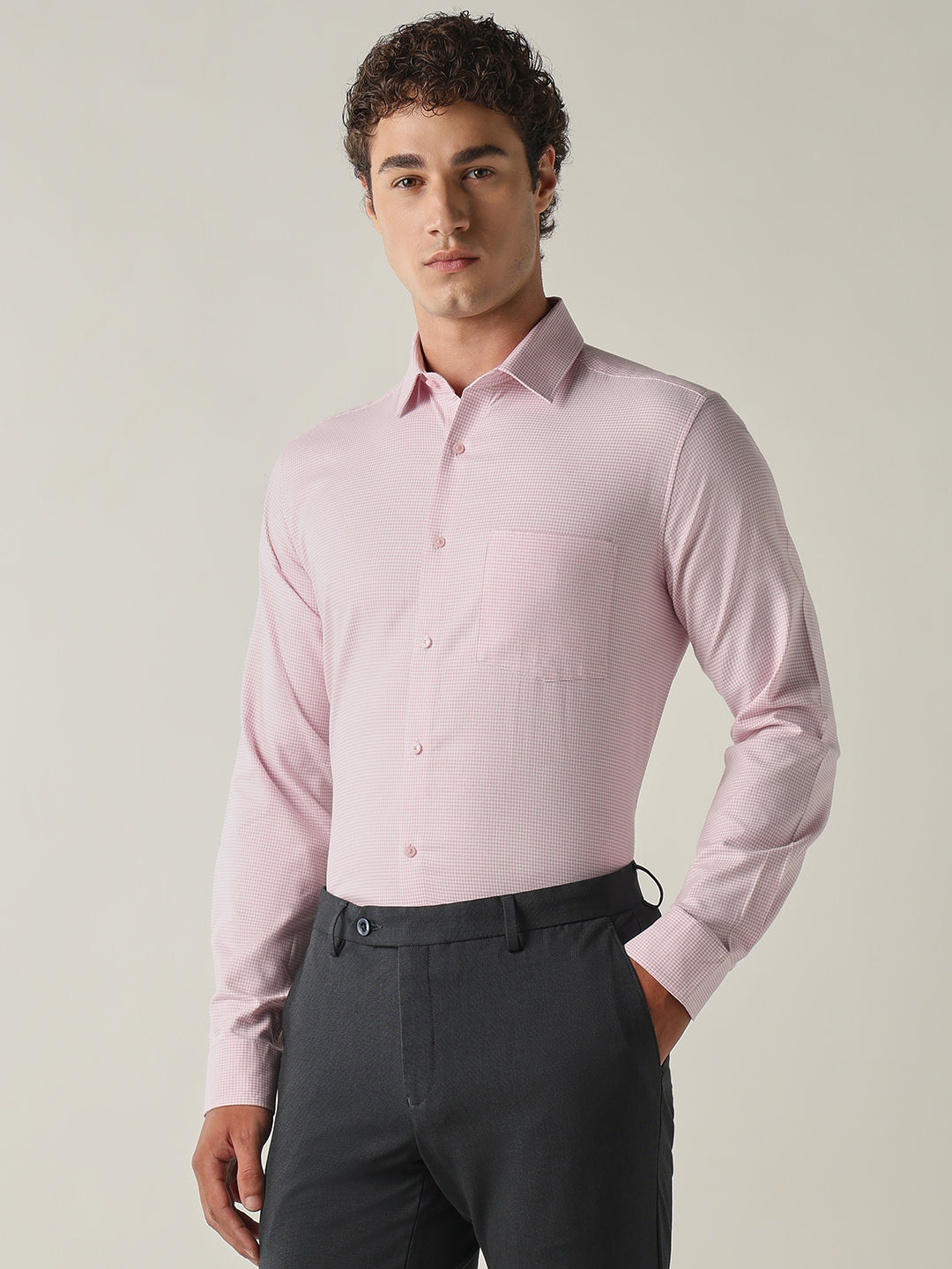 Men's Pure Cotton Dobby Solid Slim Fit Full Sleeve Formal Shirt - Pink