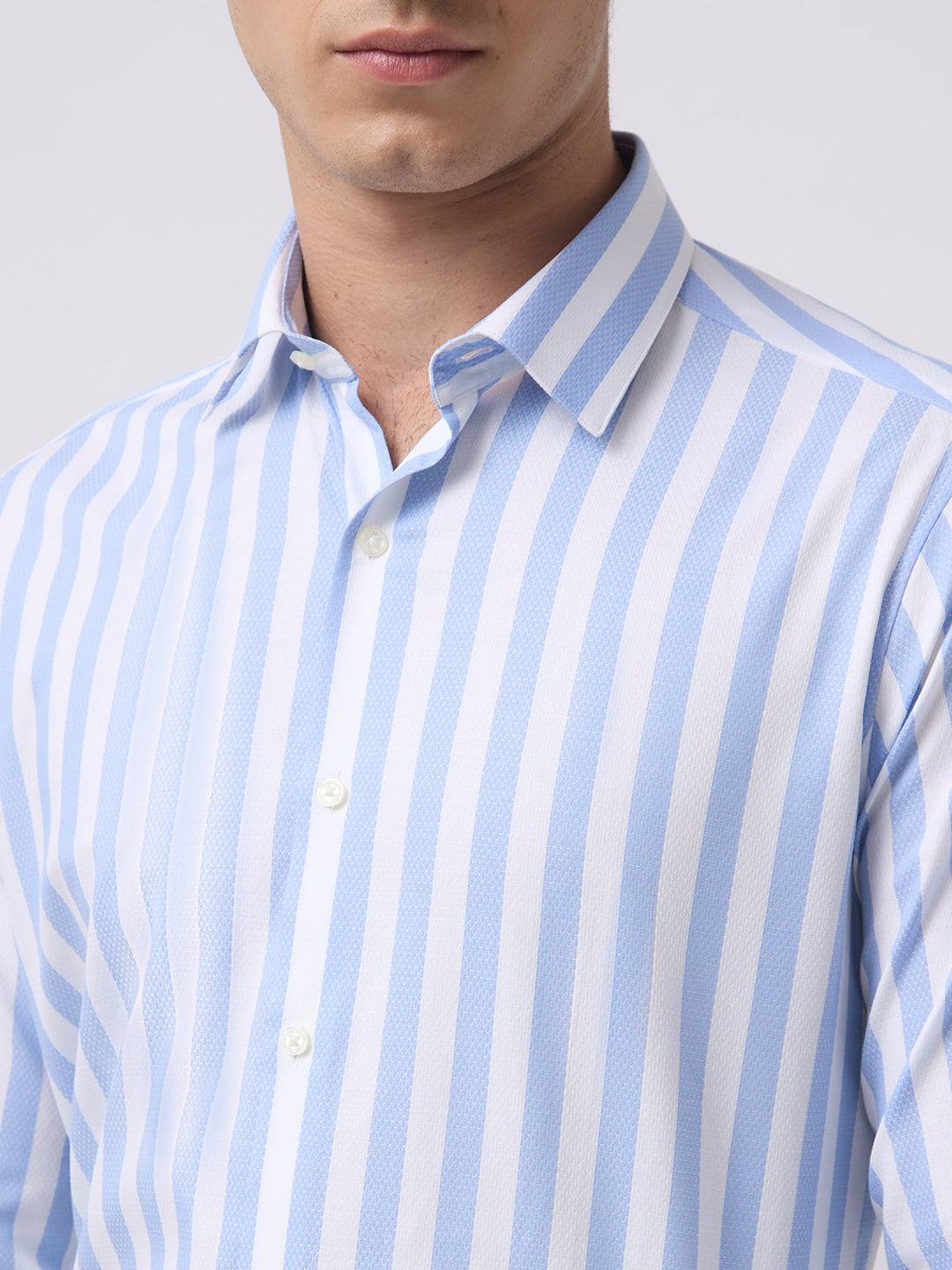 Men's Pure Cotton Dobby Stripes Slim Fit Full Sleeve Formal Shirt - Sky Blue