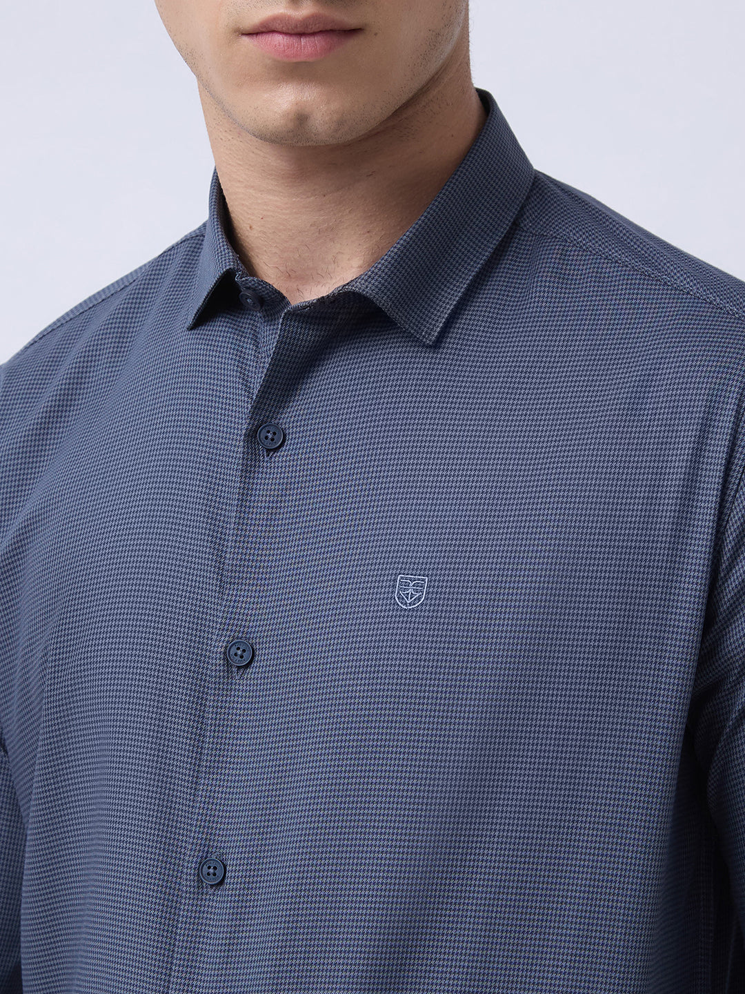 Men's Pure Cotton Dobby Solid Slim Fit Full Sleeve Casual Shirt - Navy