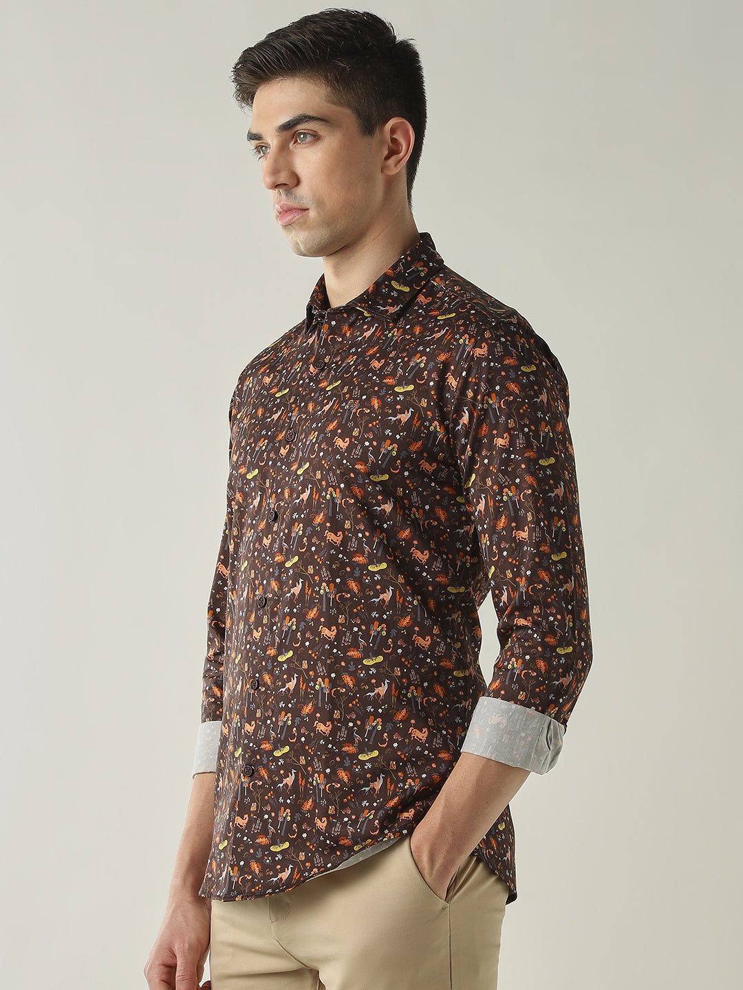 Men's Pure Cotton Printed Slim Fit Full Sleeve Casual Shirt - Brown