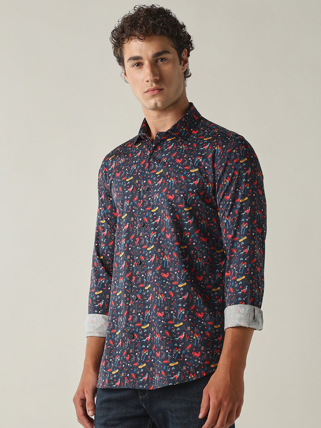 Men's Pure Cotton Printed Slim Fit Full Sleeve Casual Shirt - Navy